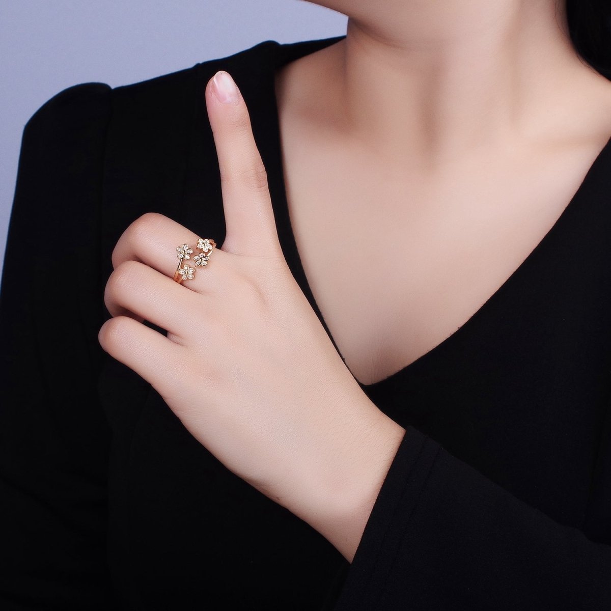 16K Gold Filled Multiple Daisy Flower Clear CZ Open Adjustable Ring | O-1781 O-1782