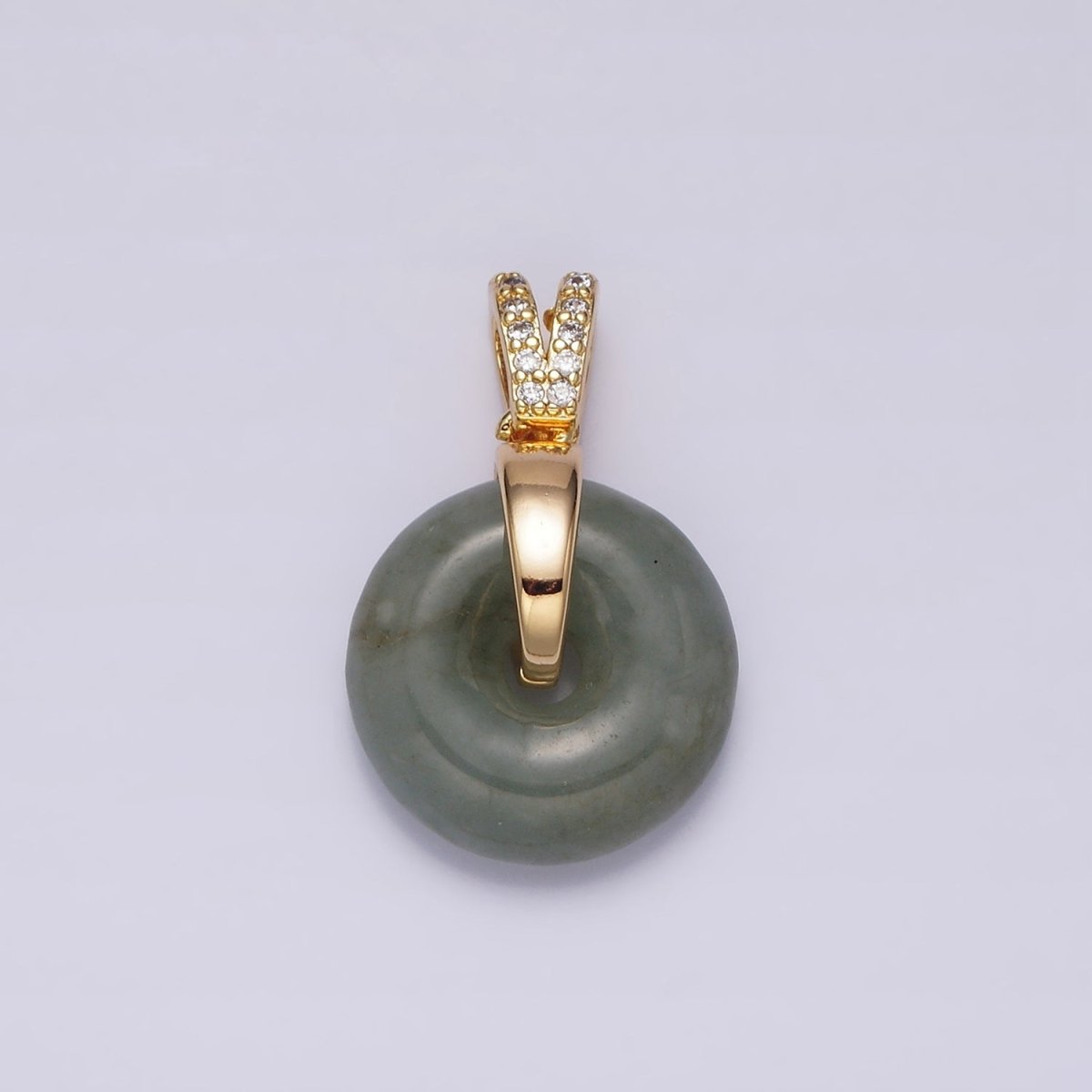 16K Gold Filled Natural Malaysian Green Jade Donut Double Micro Paved Band Bail Pendant | AA780 - DLUXCA