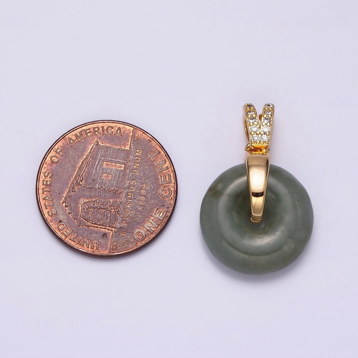 16K Gold Filled Natural Malaysian Green Jade Donut Double Micro Paved Band Bail Pendant | AA780 - DLUXCA