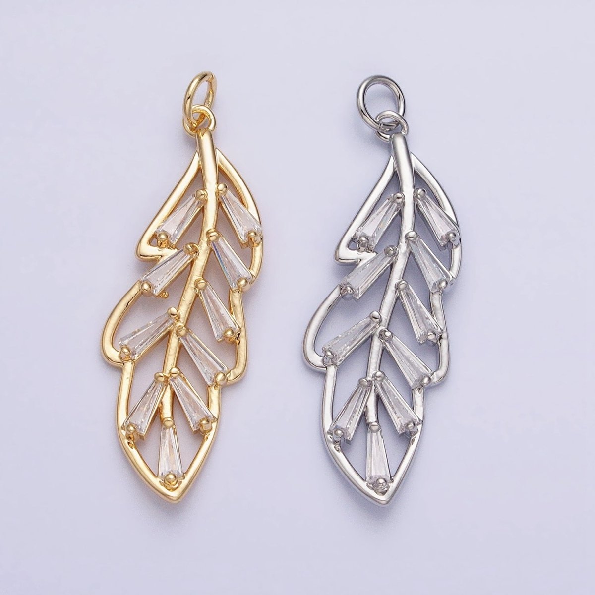 16K Gold Filled Nature Palm Leaf Baguette CZ Add-On Charm in Gold & Silver | AC960 AC961