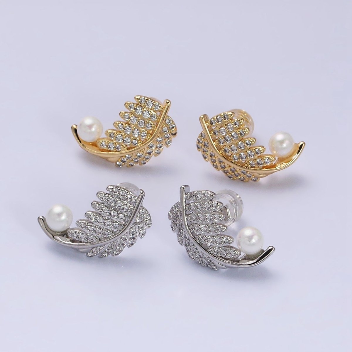 16K Gold Filled Nature Palm Leaf Micro Paved CZ Pearl Curved Stud Earrings in Gold & Silver | AD1253 AD1254