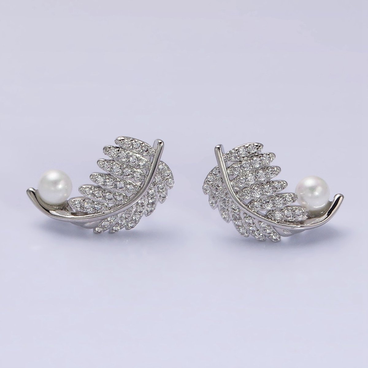 16K Gold Filled Nature Palm Leaf Micro Paved CZ Pearl Curved Stud Earrings in Gold & Silver | AD1253 AD1254