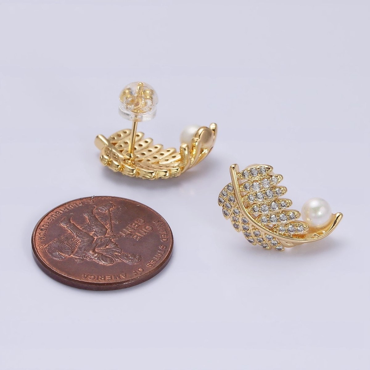 16K Gold Filled Nature Palm Leaf Micro Paved CZ Pearl Curved Stud Earrings in Gold & Silver | AD1253 AD1254