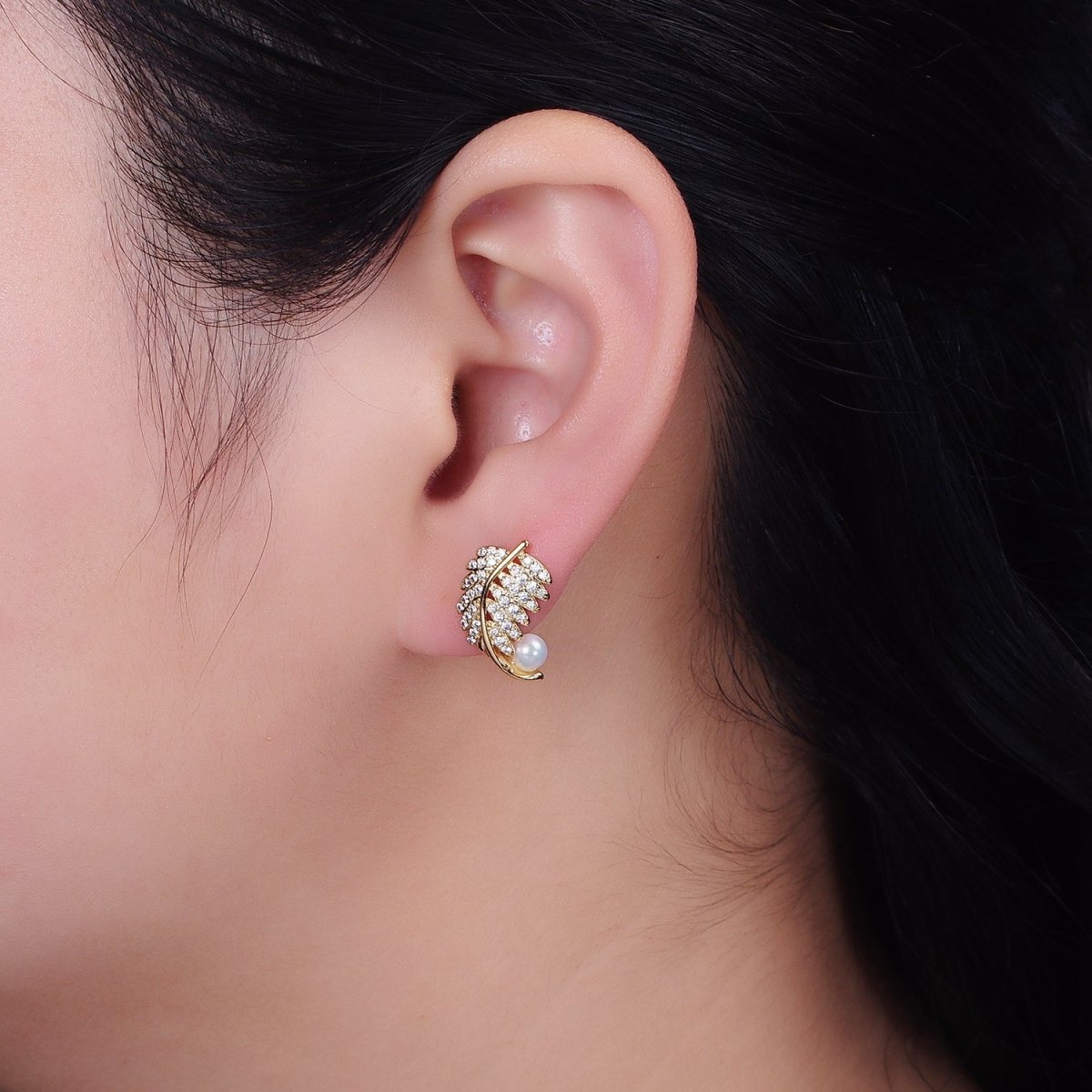 16K Gold Filled Nature Palm Leaf Micro Paved CZ Pearl Curved Stud Earrings in Gold & Silver | AD1253 AD1254
