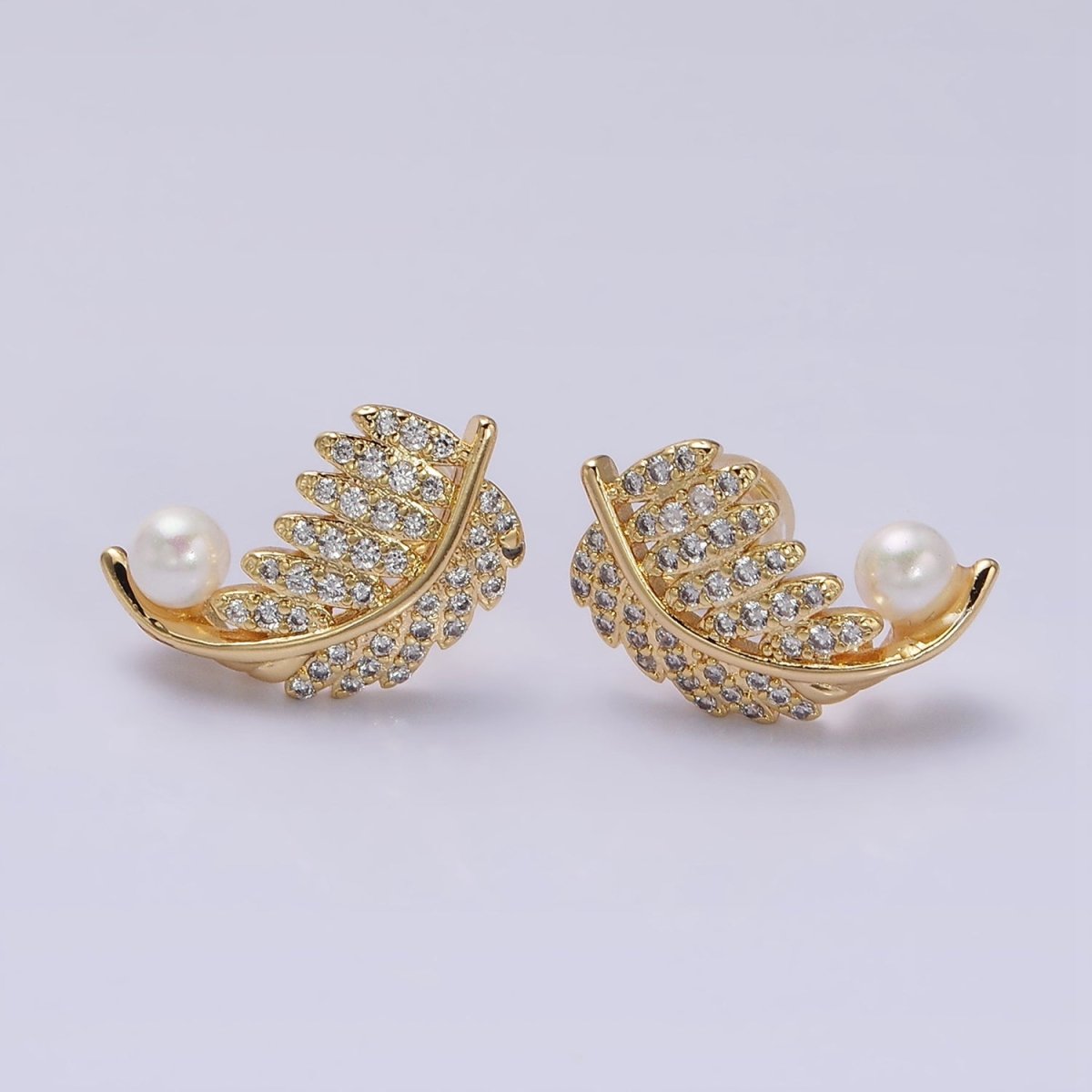 16K Gold Filled Nature Palm Leaf Micro Paved CZ Pearl Curved Stud Earrings in Gold & Silver | AD1253 AD1254