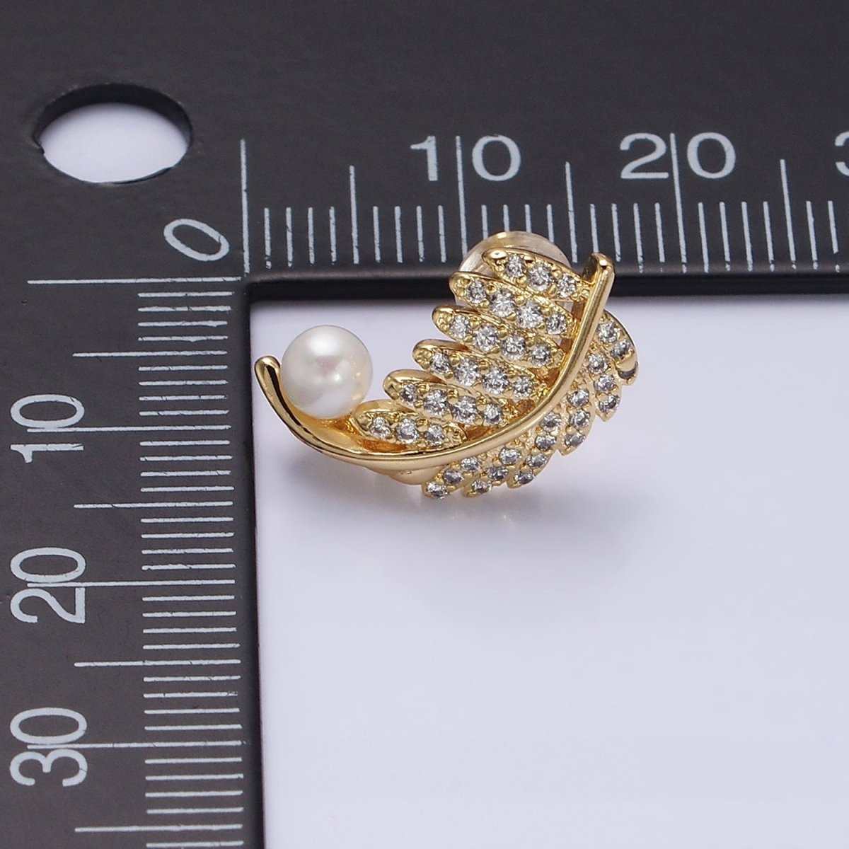 16K Gold Filled Nature Palm Leaf Micro Paved CZ Pearl Curved Stud Earrings in Gold & Silver | AD1253 AD1254