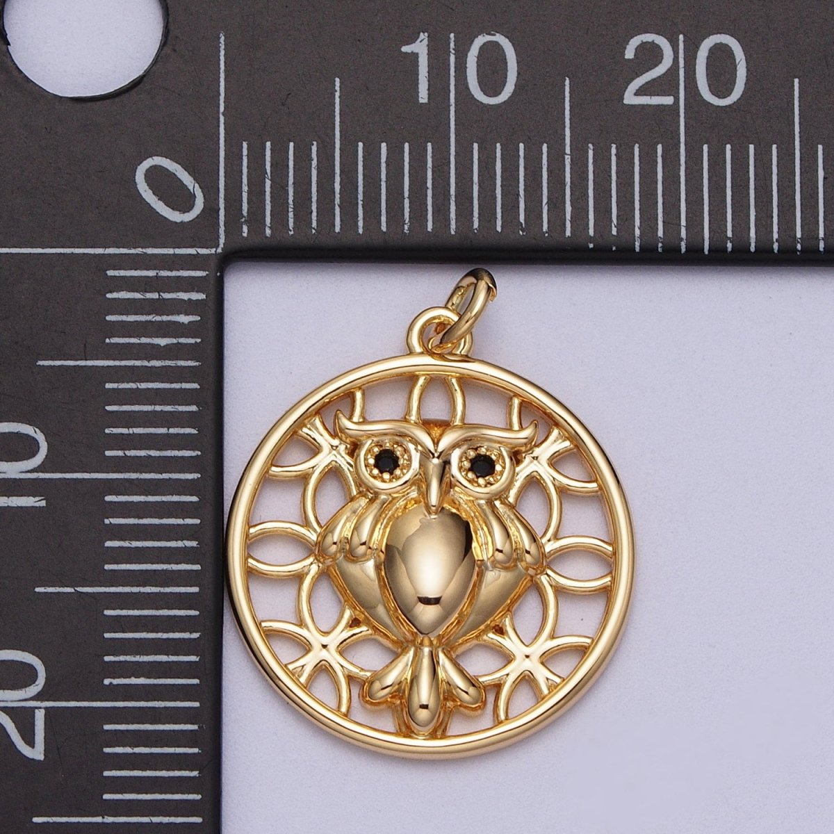 16K Gold Filled Night Owl Bird Artisan Round Charm | C-919