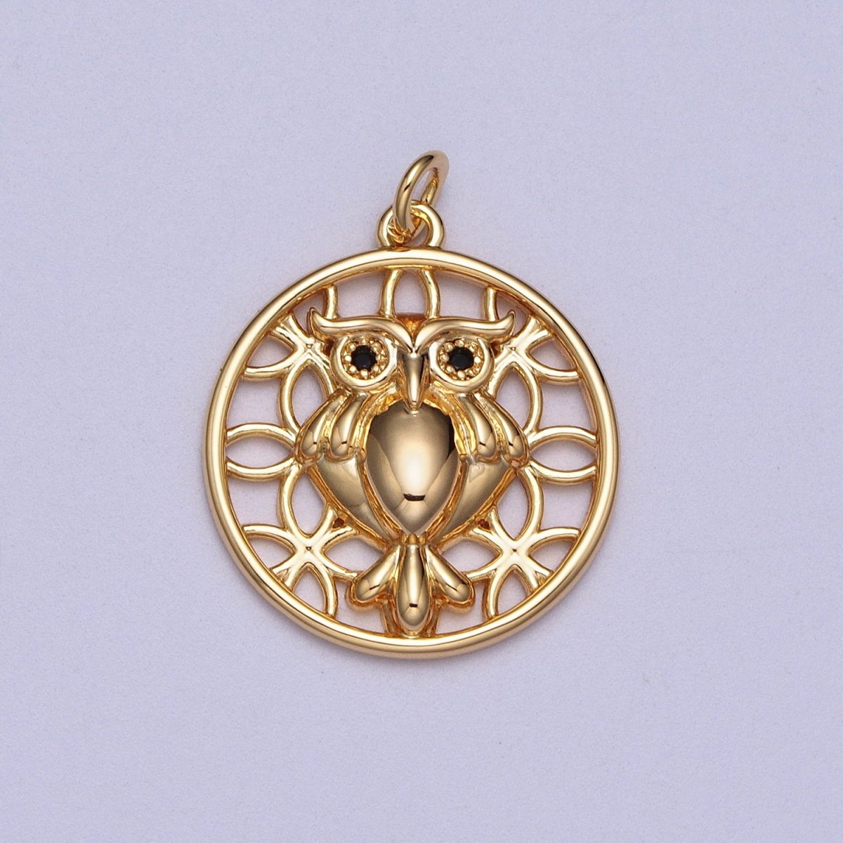 16K Gold Filled Night Owl Bird Artisan Round Charm | C-919