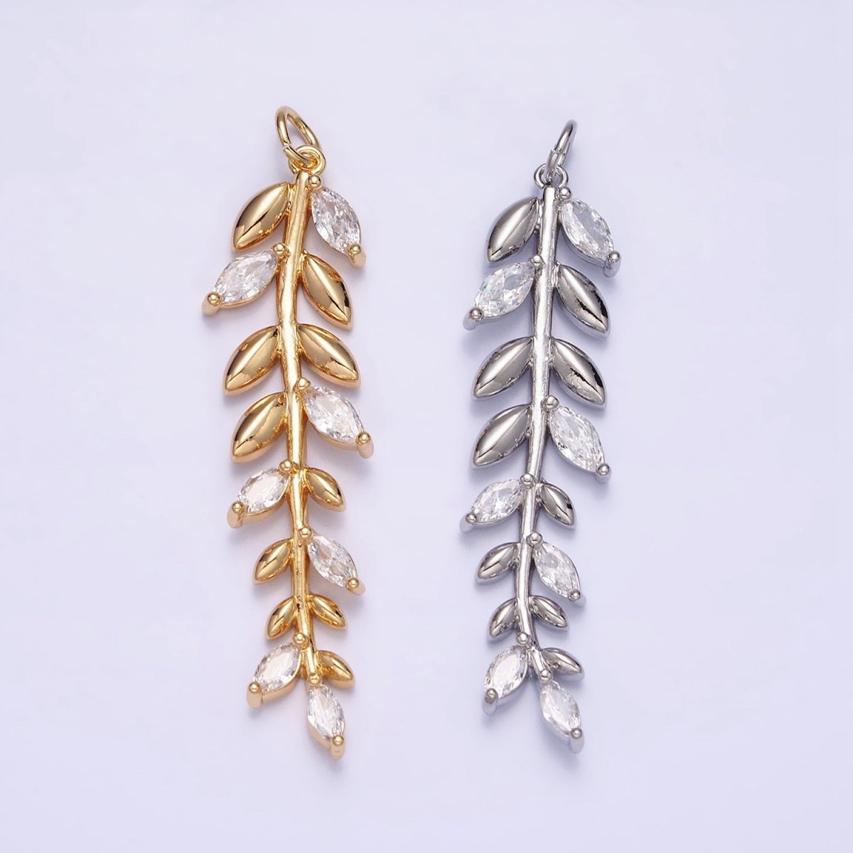 16K Gold Filled Olive Leaf Clear Marquise CZ Long Charm in Gold & Silver | AC1201 AC1202