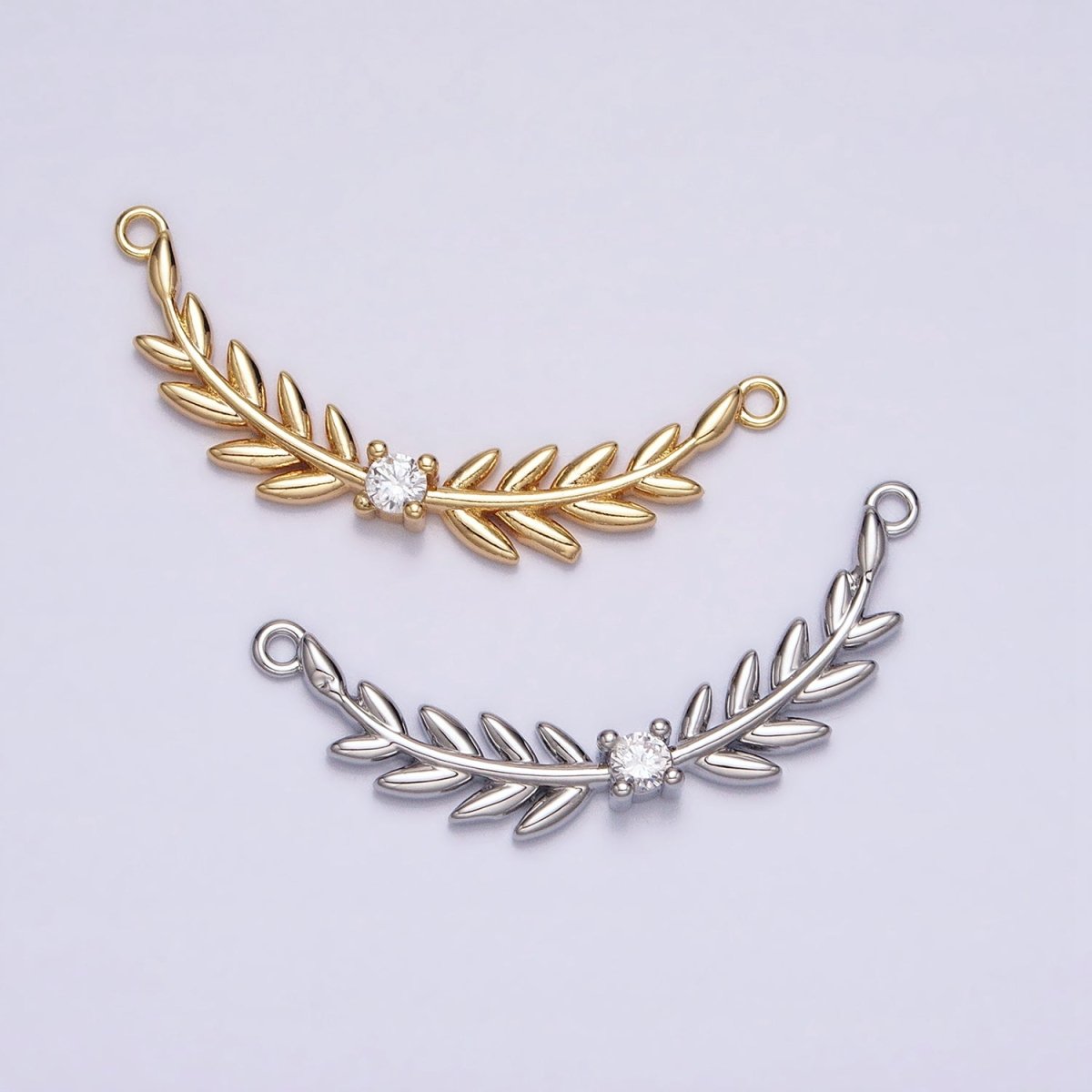 16K Gold Filled Olive Leaves Natural Round Clear CZ Curved Connector in Gold & Silver | Y-869