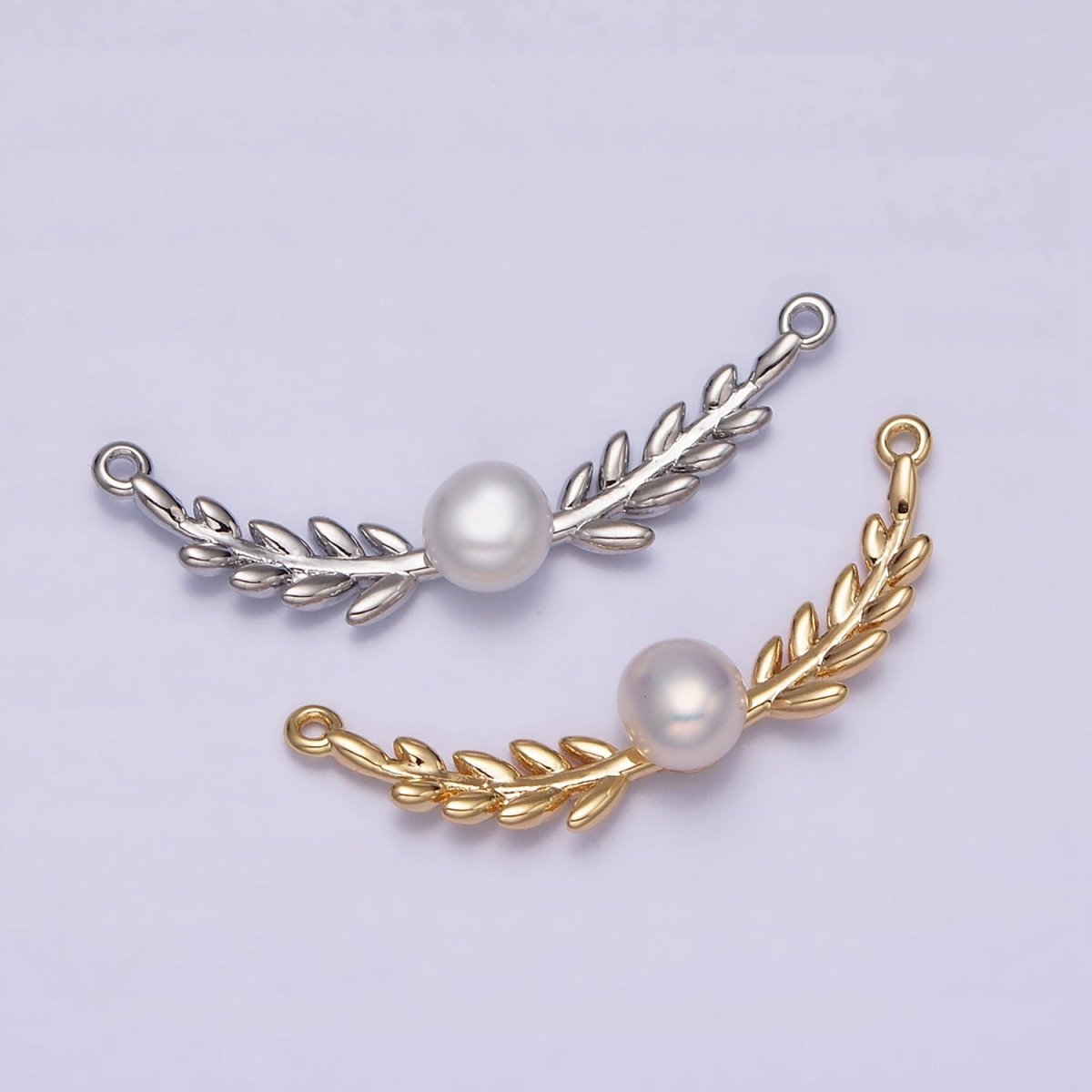 16K Gold Filled Olive Leaves Natural Round Pearl Curved Connector in Gold & Silver | Y-918