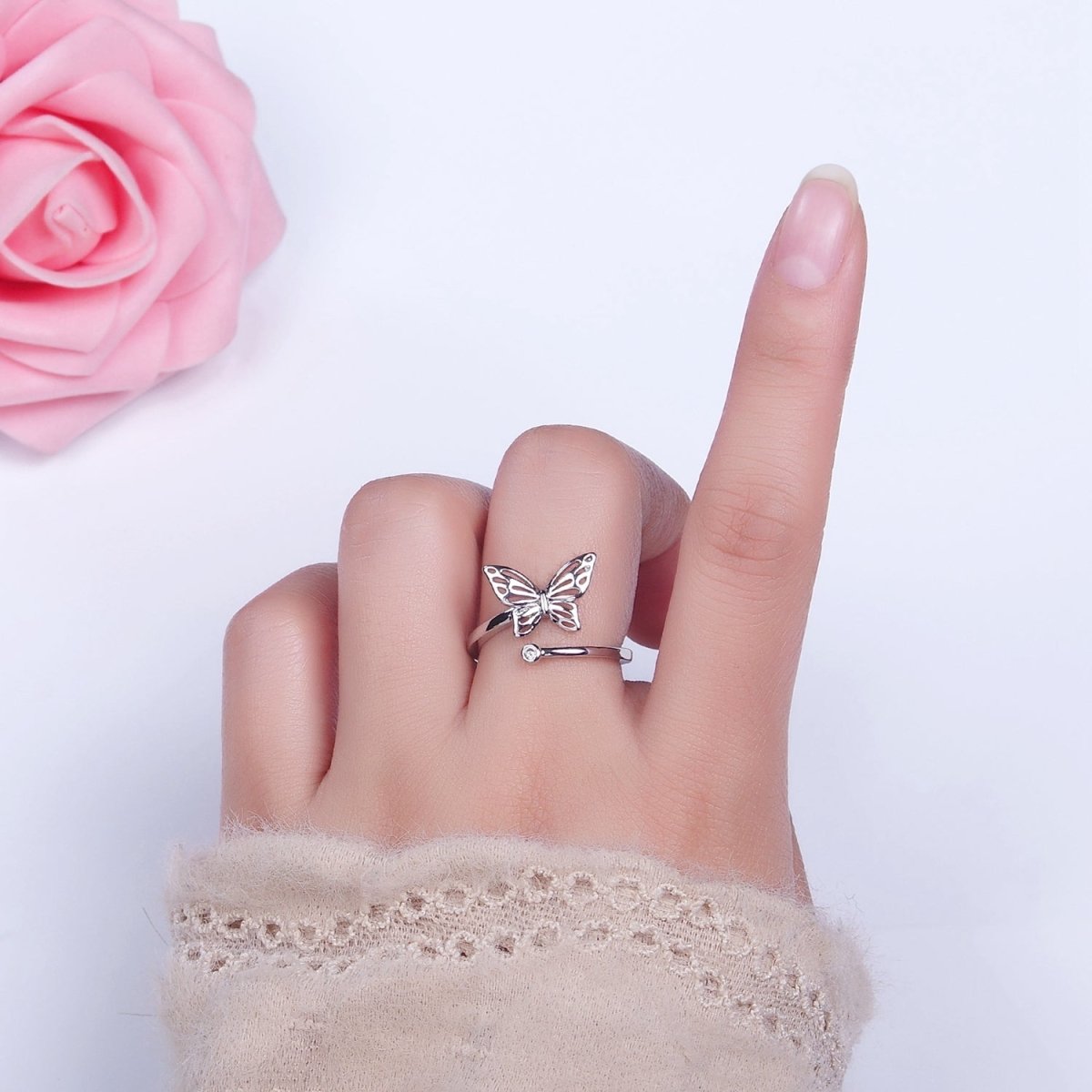 OS 16K Gold Filled Open Butterfly Mariposa Clear CZ Open Adjustable Ring in Gold & Silver | O-1631 O-1632