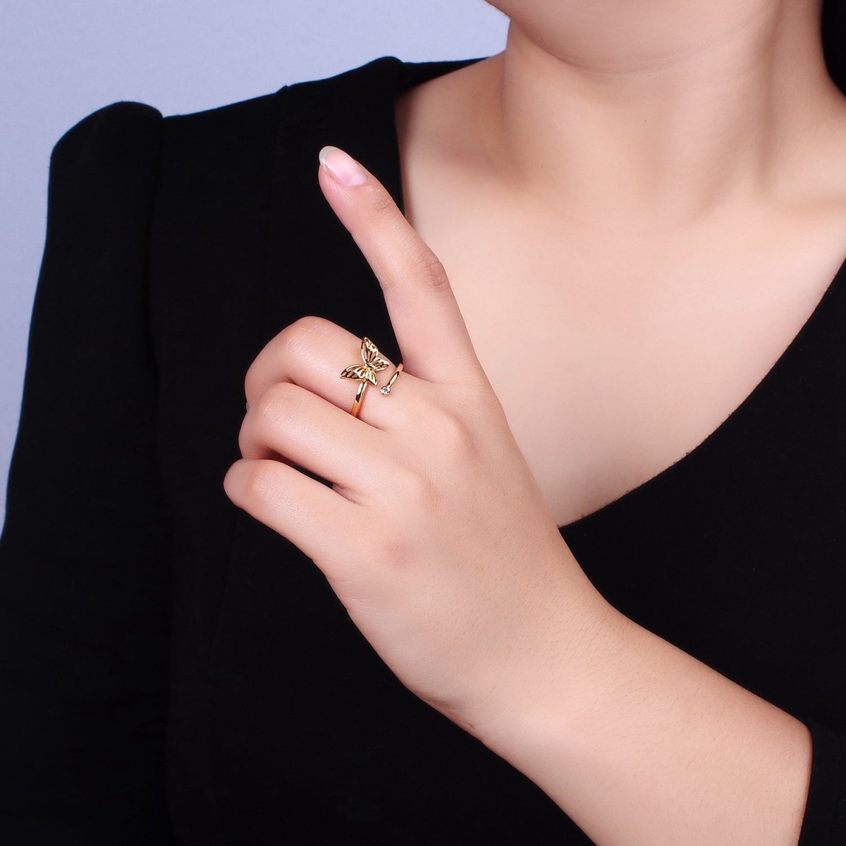 OS 16K Gold Filled Open Butterfly Mariposa Clear CZ Open Adjustable Ring in Gold & Silver | O-1631 O-1632