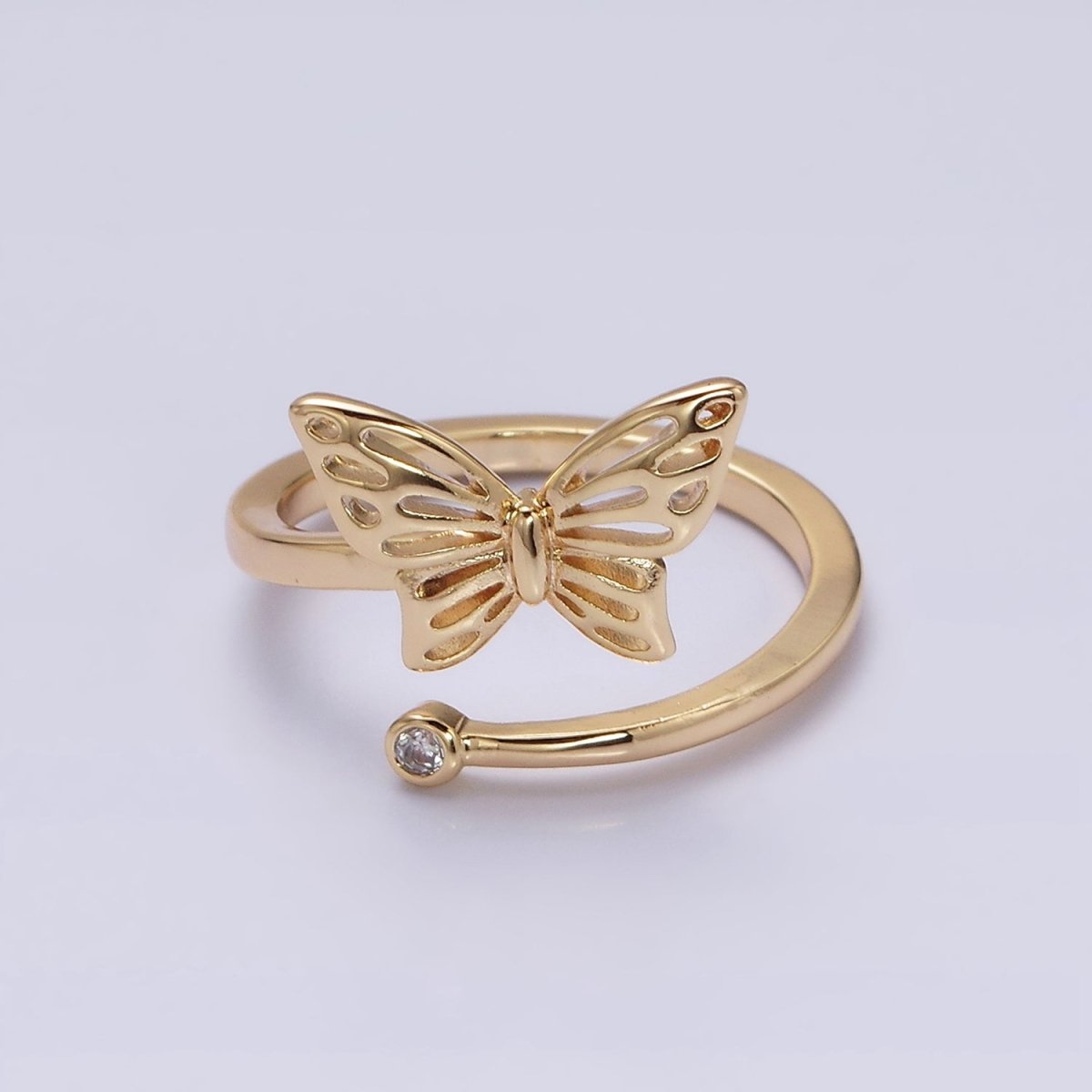 OS 16K Gold Filled Open Butterfly Mariposa Clear CZ Open Adjustable Ring in Gold & Silver | O-1631 O-1632