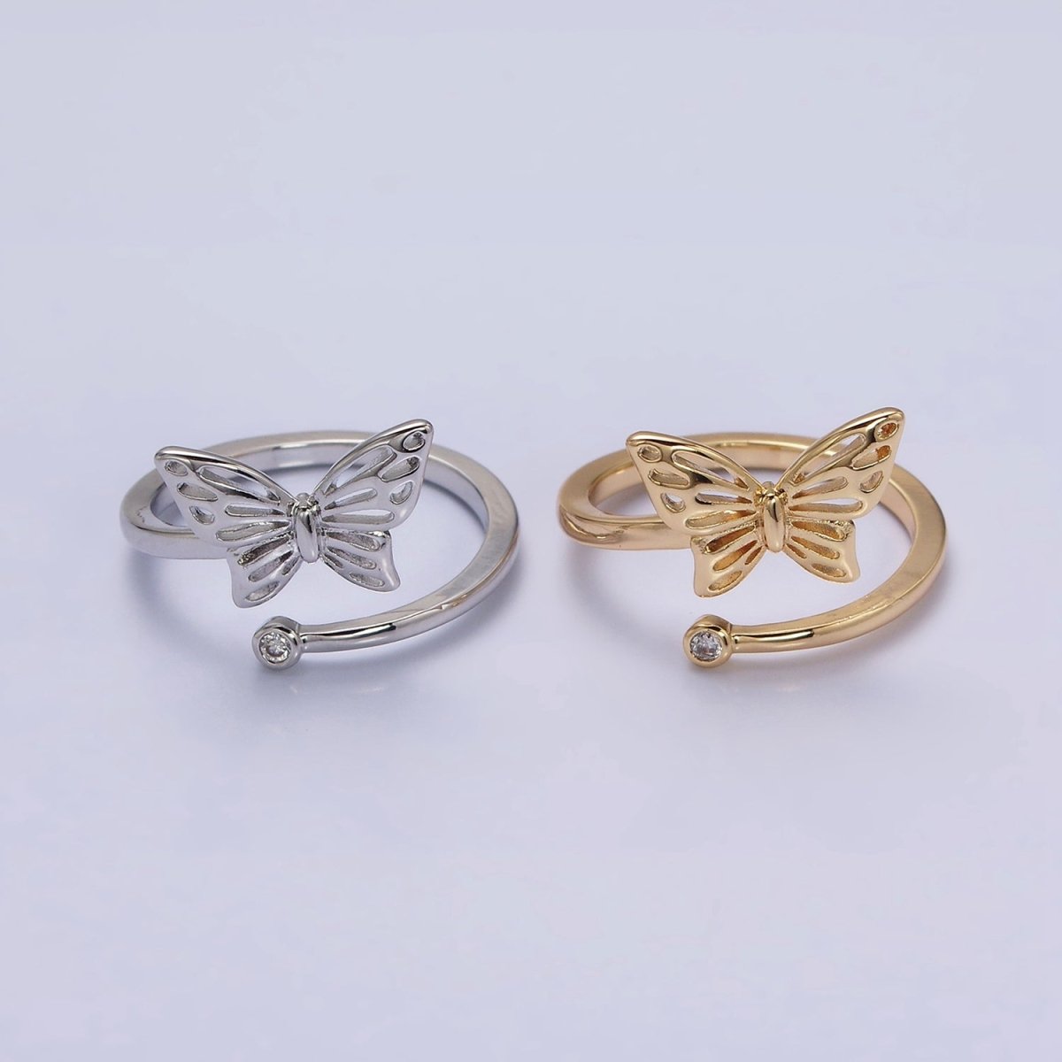 OS 16K Gold Filled Open Butterfly Mariposa Clear CZ Open Adjustable Ring in Gold & Silver | O-1631 O-1632