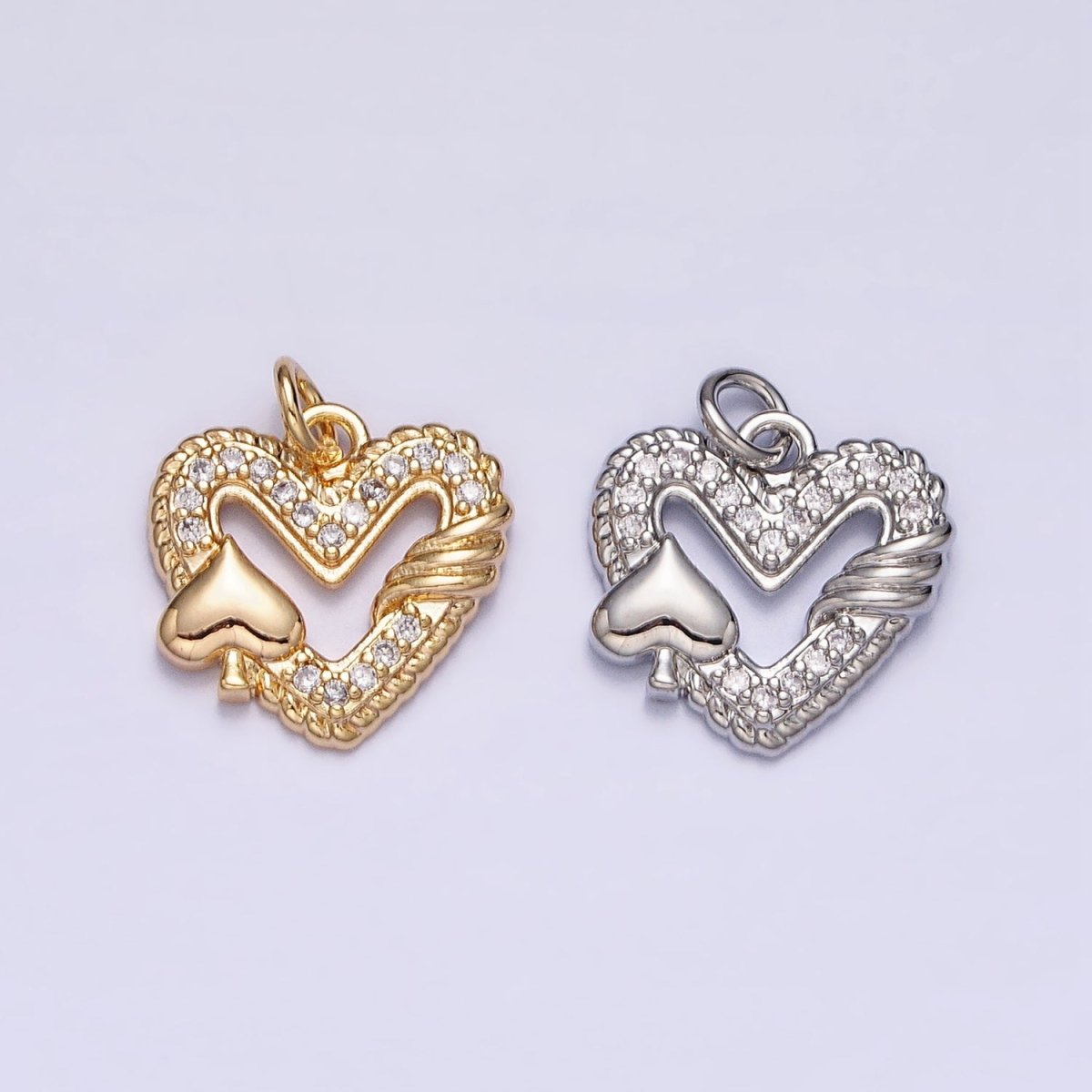 16K Gold Filled Open Heart Micro Paved Twisted Spades Card Charm in Gold & Silver | AC1217 AC1218