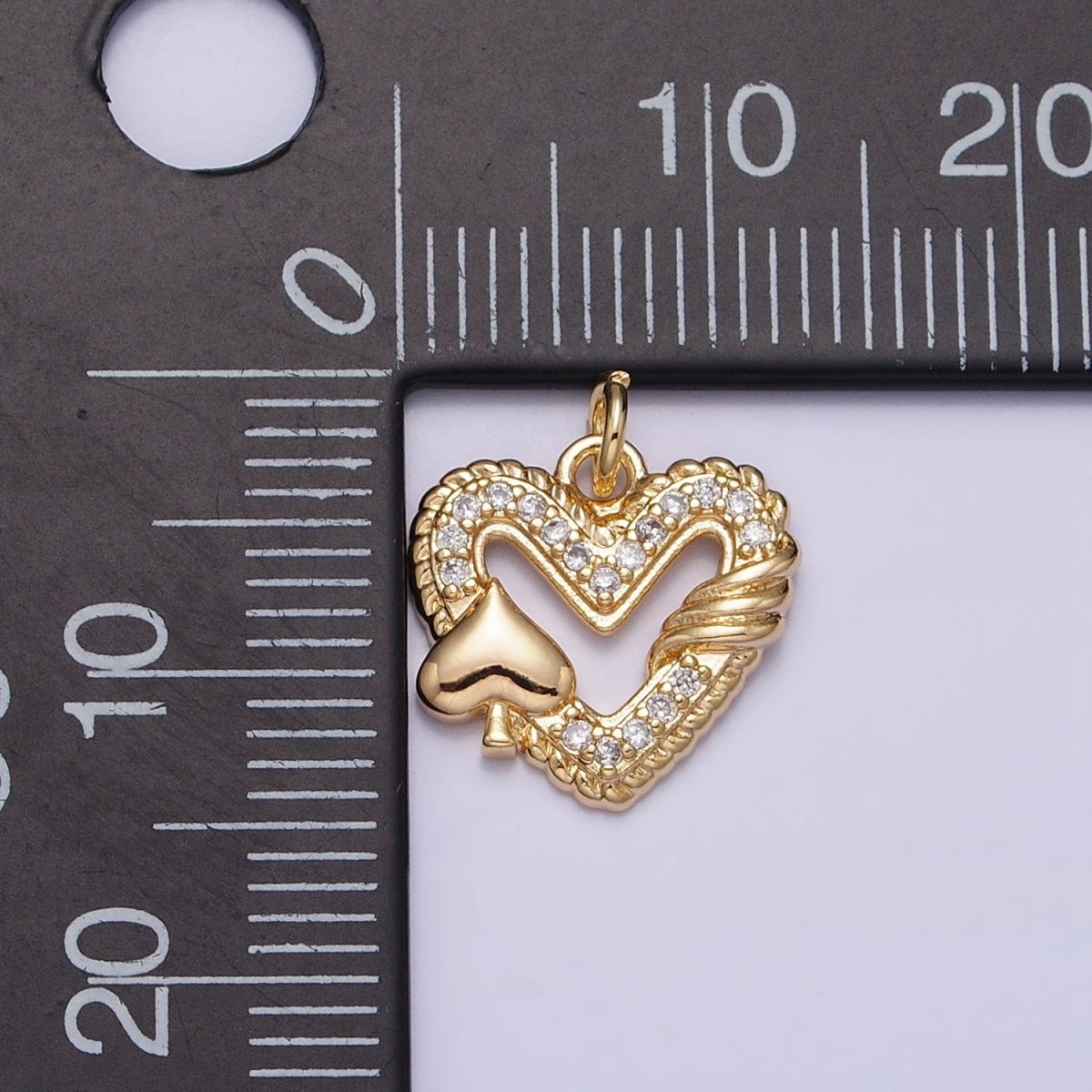 16K Gold Filled Open Heart Micro Paved Twisted Spades Card Charm in Gold & Silver | AC1217 AC1218