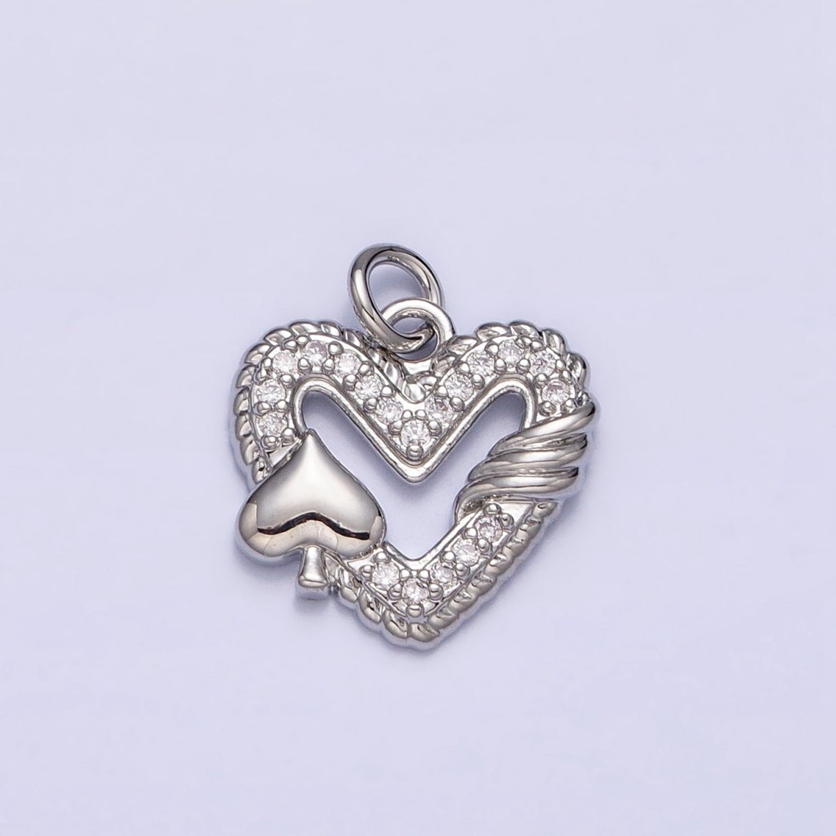 16K Gold Filled Open Heart Micro Paved Twisted Spades Card Charm in Gold & Silver | AC1217 AC1218