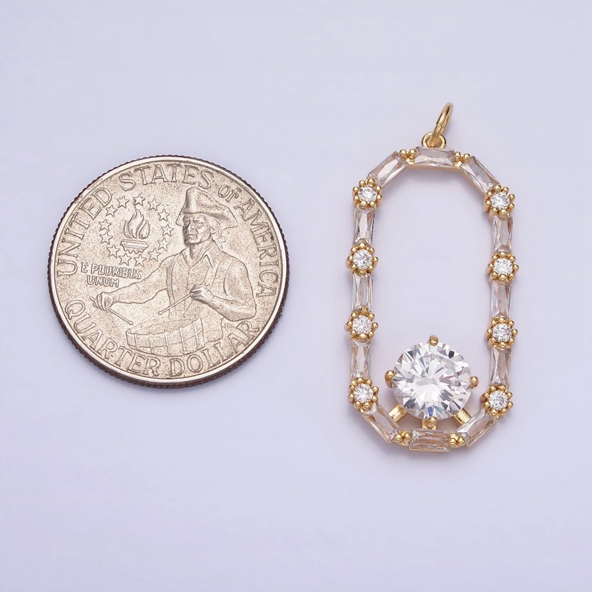 16K Gold Filled Open Oblong Clear CZ Baguette Round CZ Charm in Gold & Silver | AC970 AC971