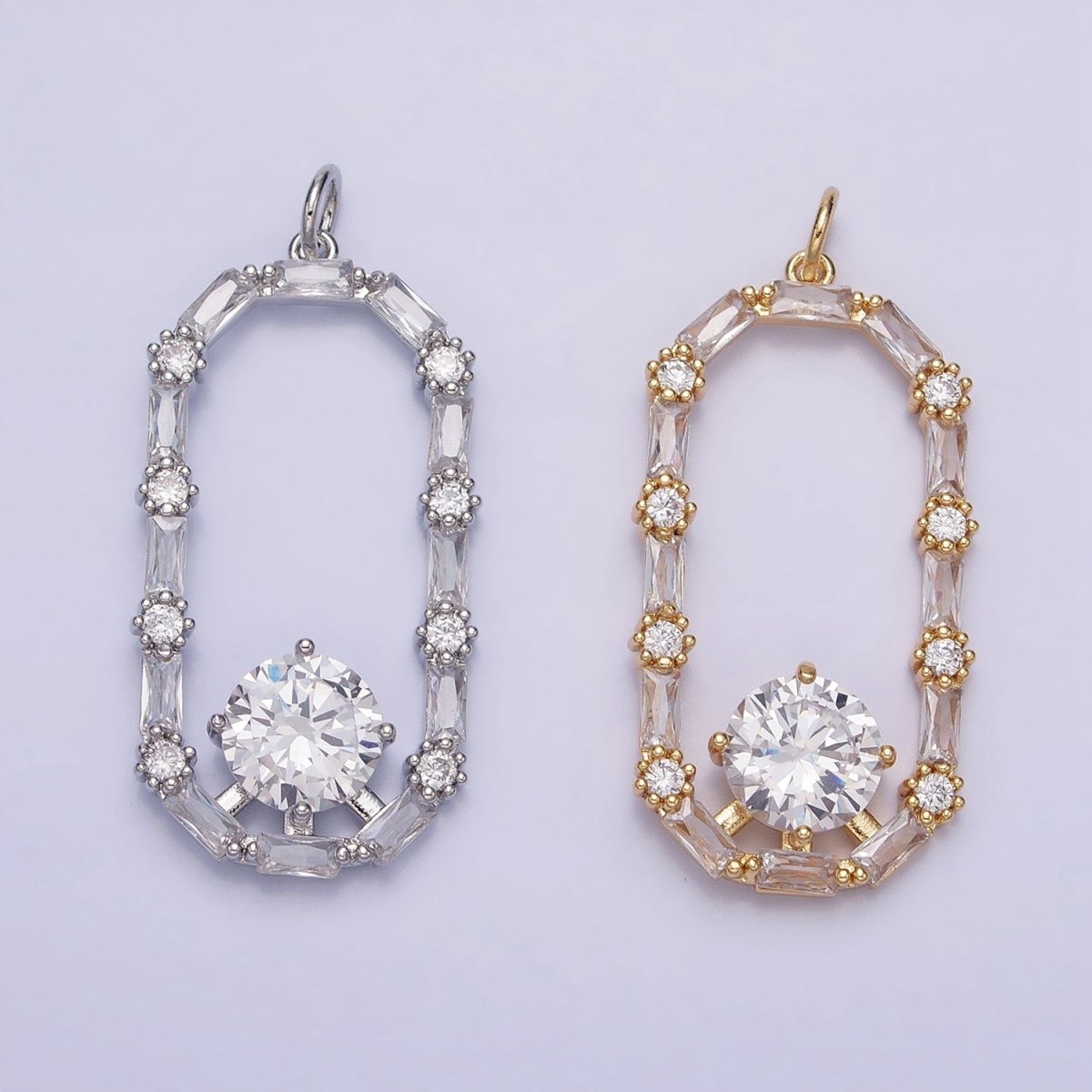 16K Gold Filled Open Oblong Clear CZ Baguette Round CZ Charm in Gold & Silver | AC970 AC971