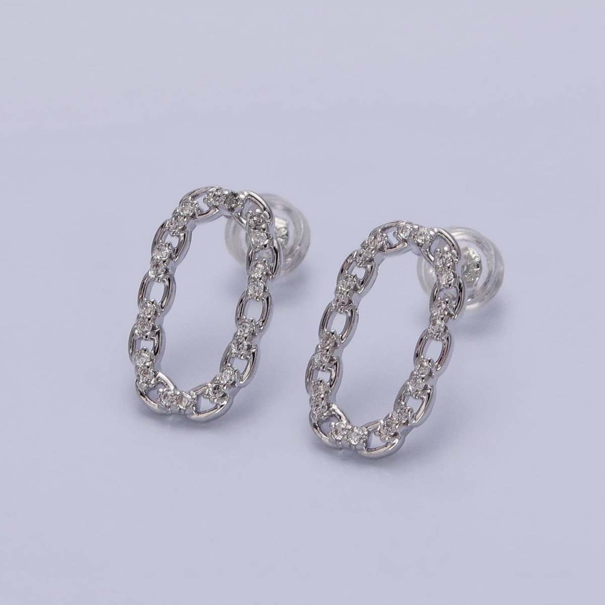 16K Gold Filled Open Oblong CZ Cable Link Stud Earrings in Gold & Silver | AD1309 AD1331