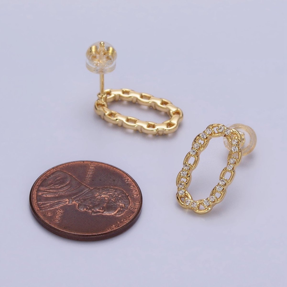 16K Gold Filled Open Oblong CZ Cable Link Stud Earrings in Gold & Silver | AD1309 AD1331