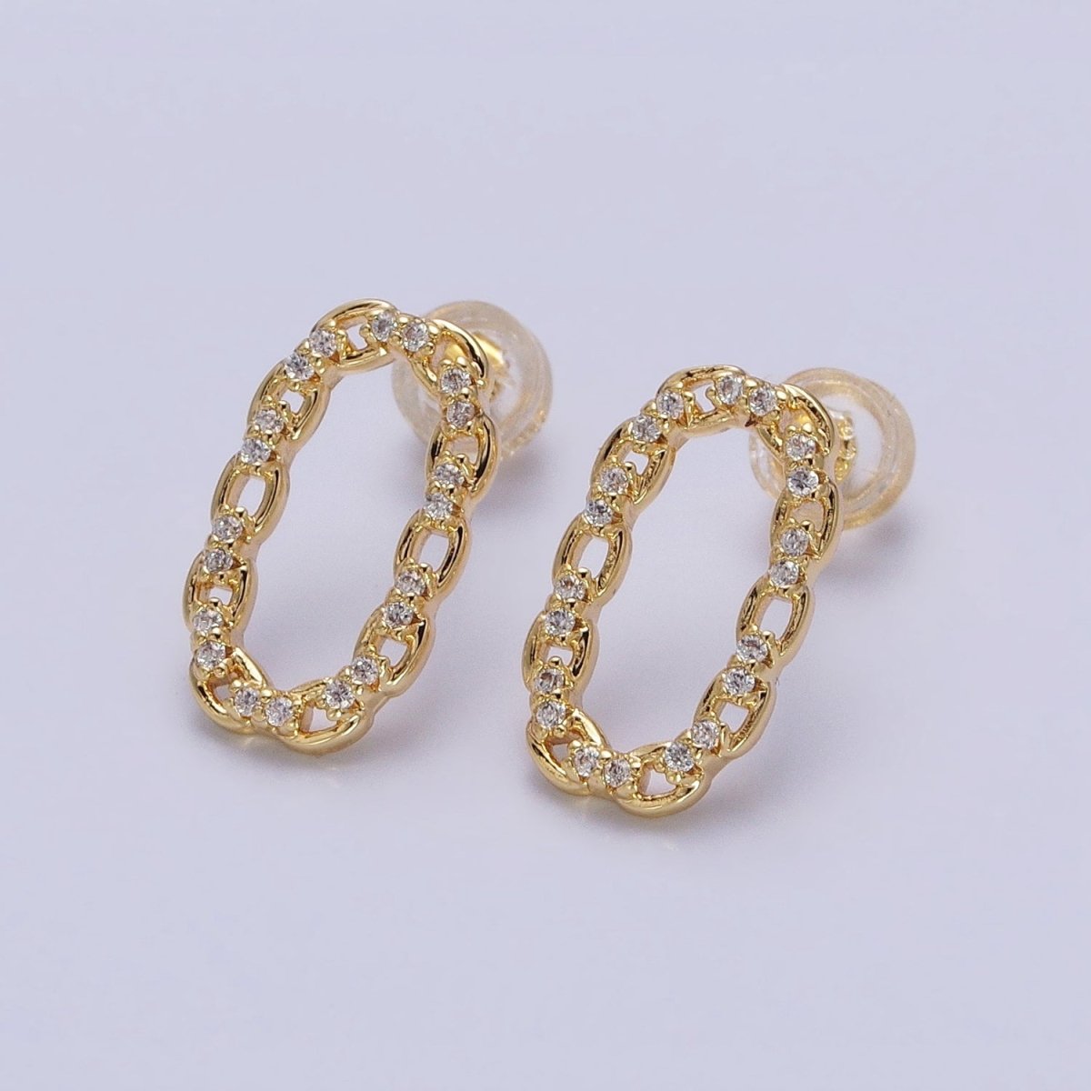 16K Gold Filled Open Oblong CZ Cable Link Stud Earrings in Gold & Silver | AD1309 AD1331