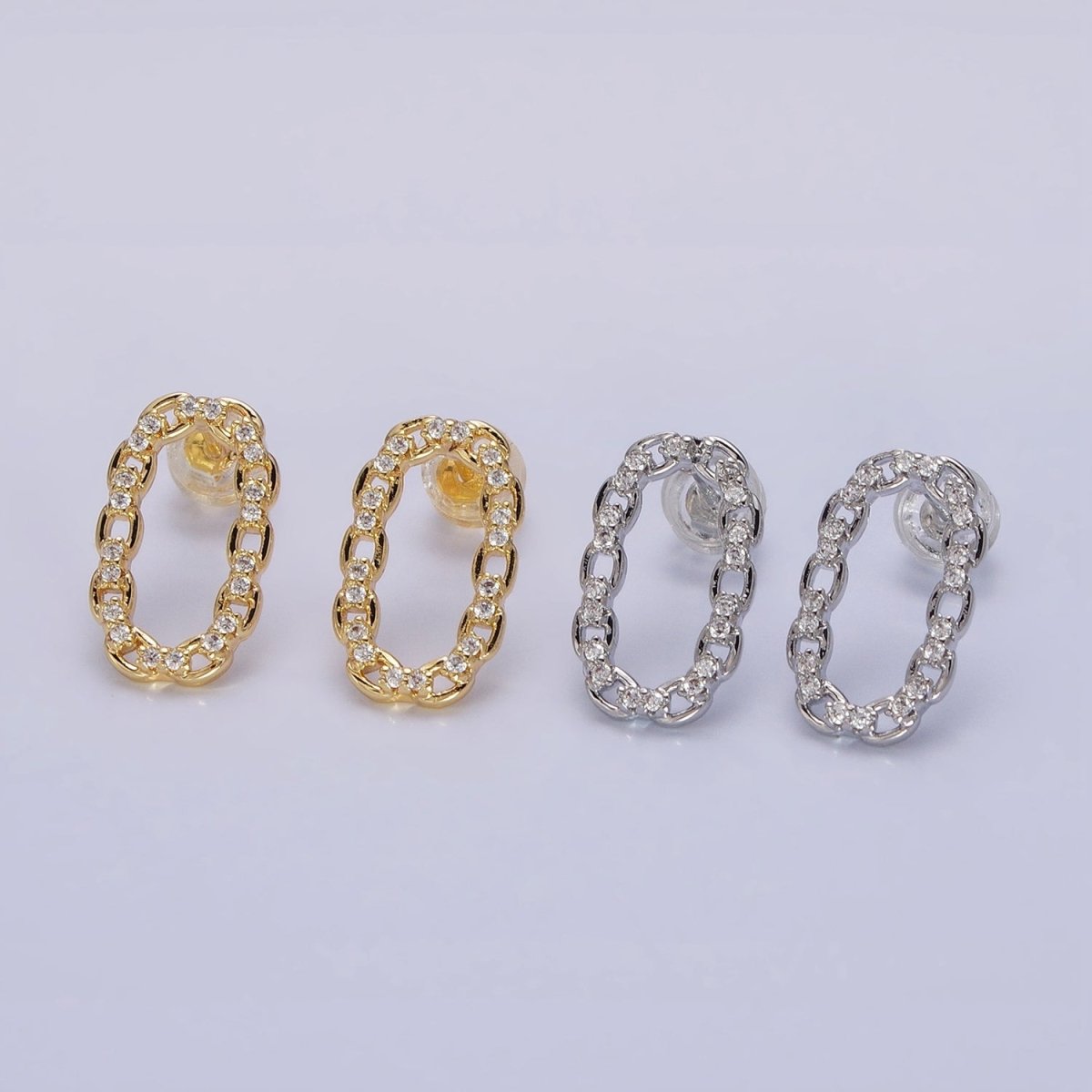 16K Gold Filled Open Oblong CZ Cable Link Stud Earrings in Gold & Silver | AD1309 AD1331