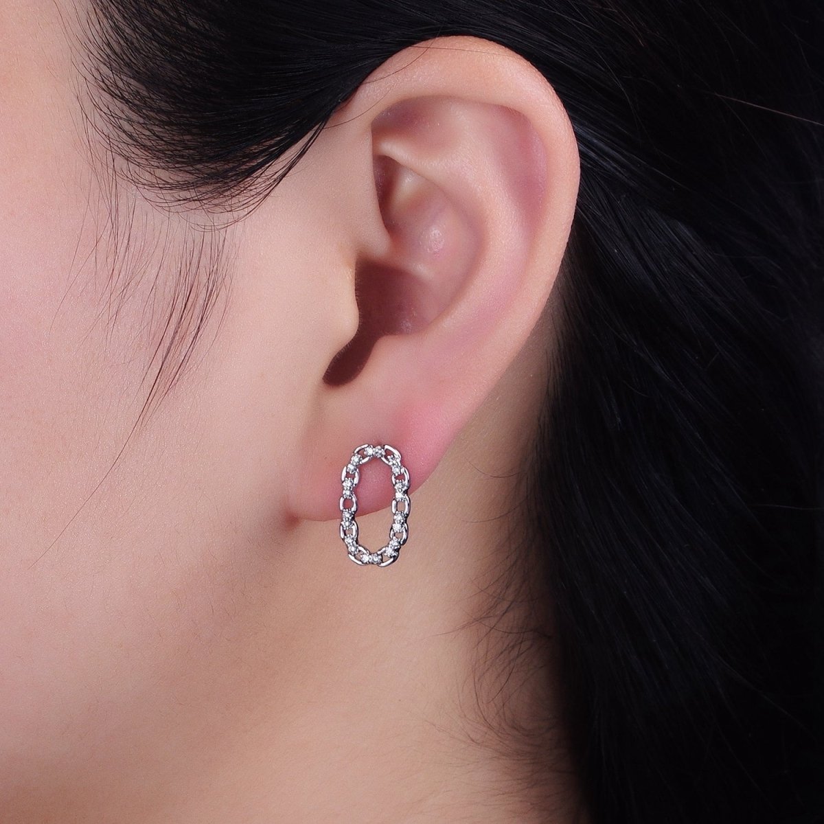 16K Gold Filled Open Oblong CZ Cable Link Stud Earrings in Gold & Silver | AD1309 AD1331