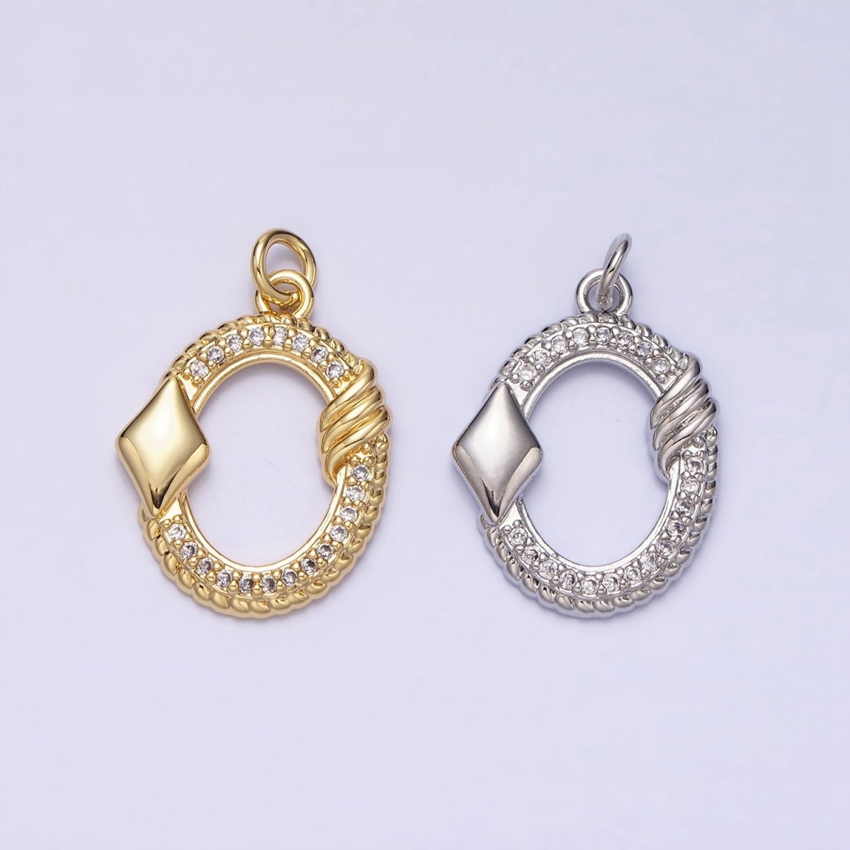 16K Gold Filled Open Oval Micro Paved Twisted Diamonds Card Charm in Gold & Silver | AC1219 AC1220