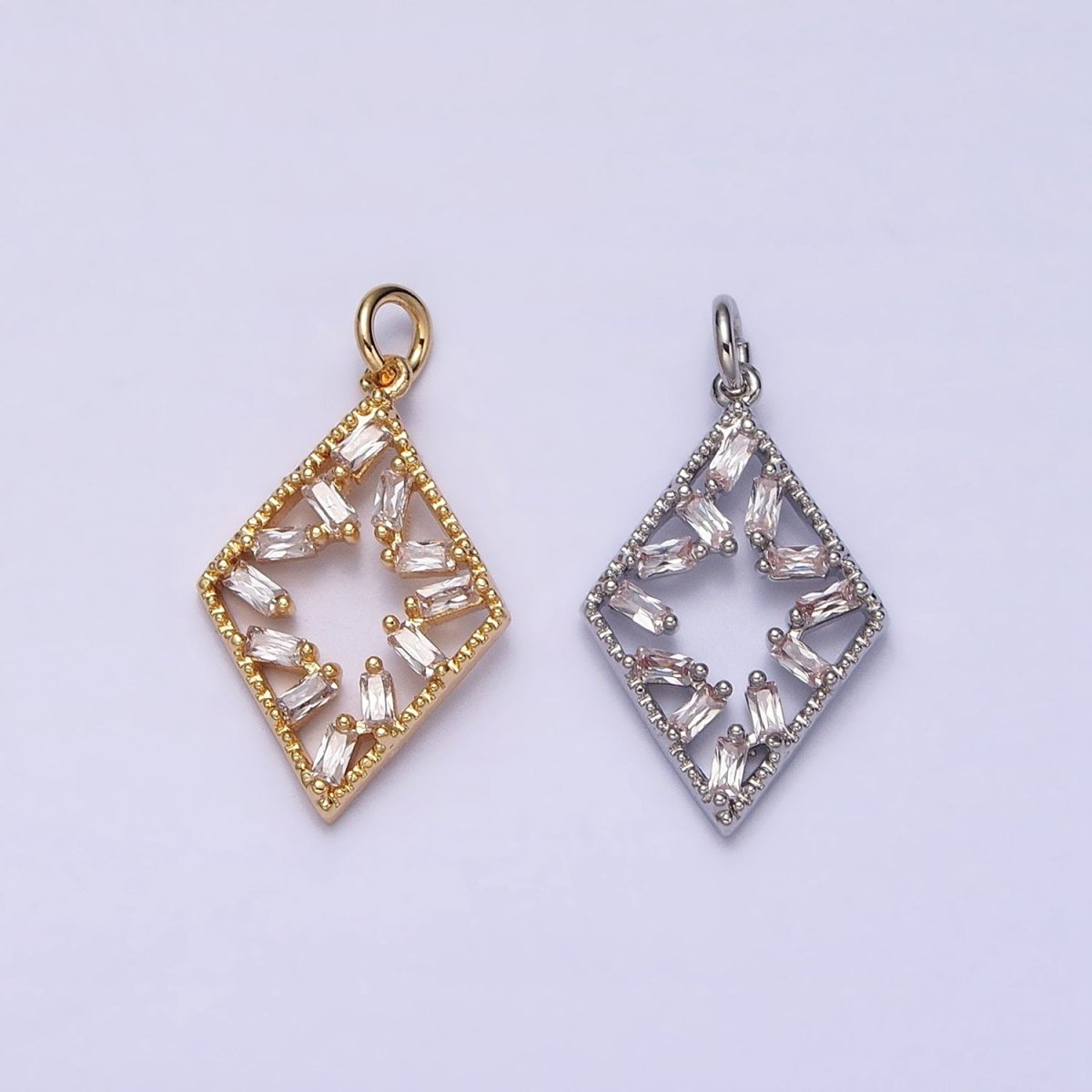 16K Gold Filled Open Rhombus Clear Baguette CZ Add-On Charm in Gold & Silver | AC1211 AC1212