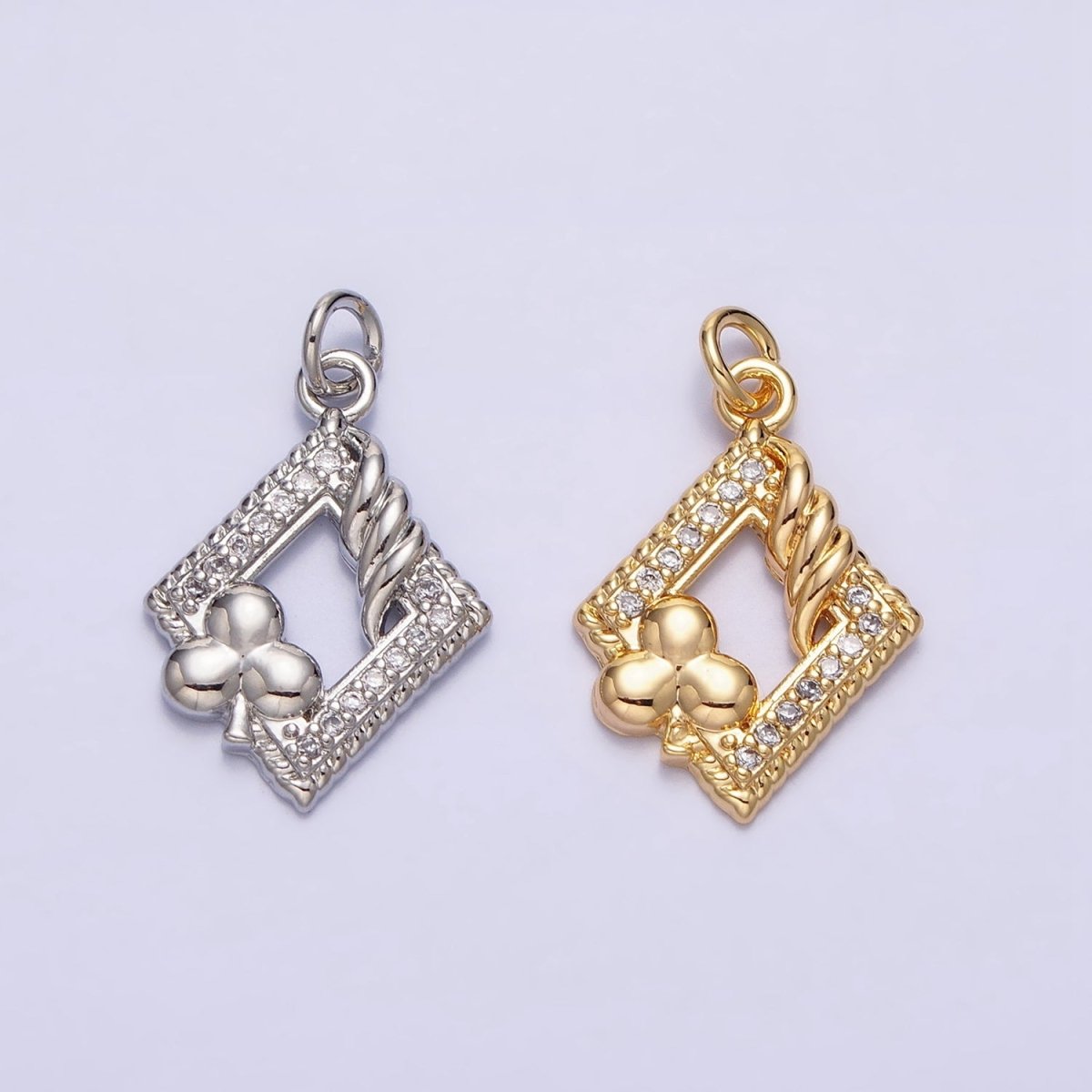 16K Gold Filled Open Rhombus Micro Paved Twisted Clubs Card Charm in Gold & Silver | AC1251 AC1252