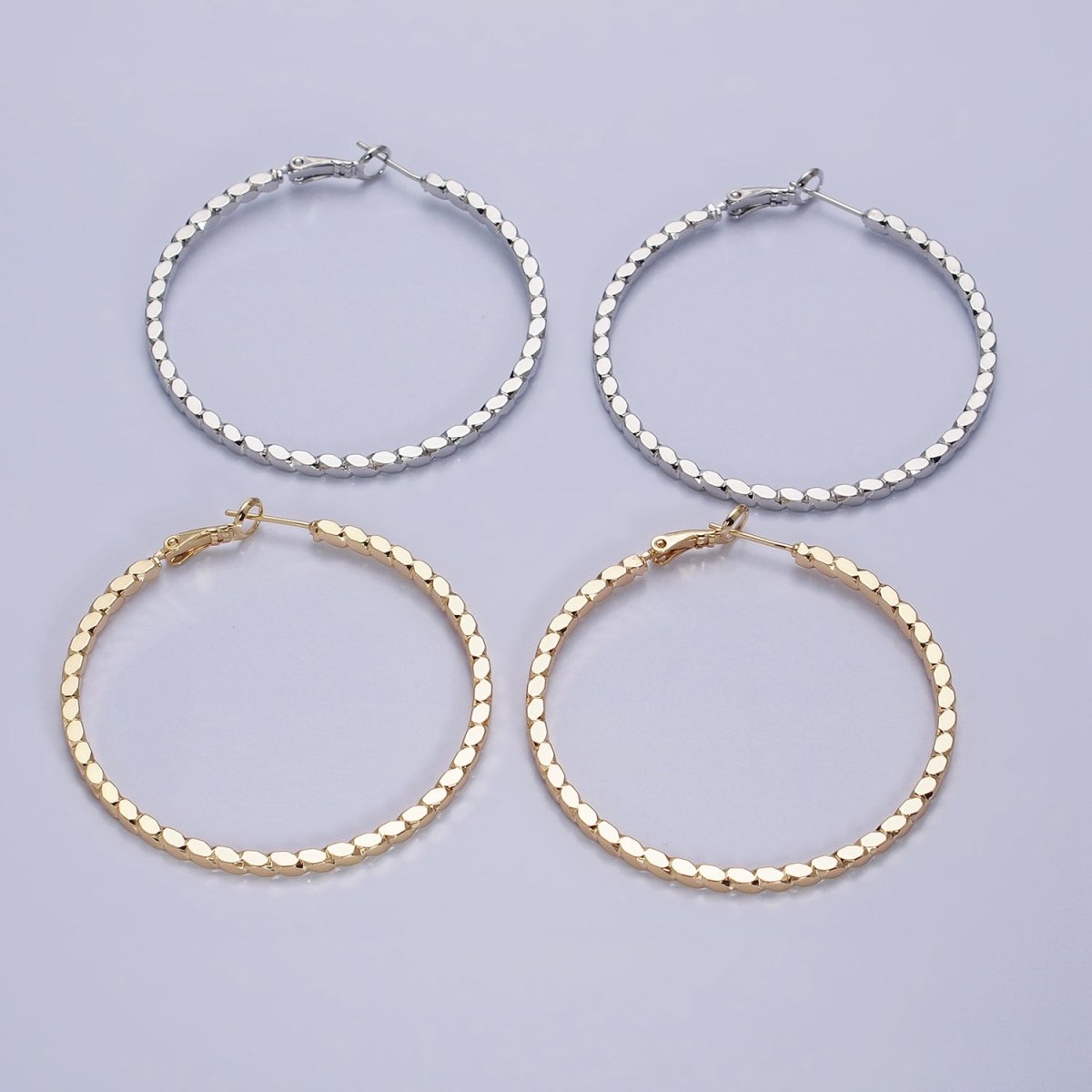 16K Gold Filled Oval Textured Geometric 40mm, 50mm Hinge Hoop Earrings in Gold & Silver | AB-1559 AB-1560 AB-1435 AB-1436