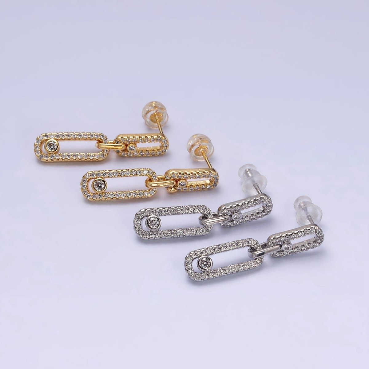 16K Gold Filled Paperclip Triple Link Micro Paved CZ Drop Stud Earring om in Gold & Silver | AD1239 AD1240