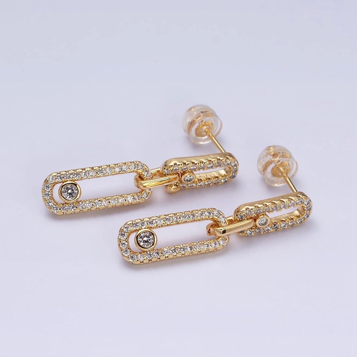 16K Gold Filled Paperclip Triple Link Micro Paved CZ Drop Stud Earring om in Gold & Silver | AD1239 AD1240