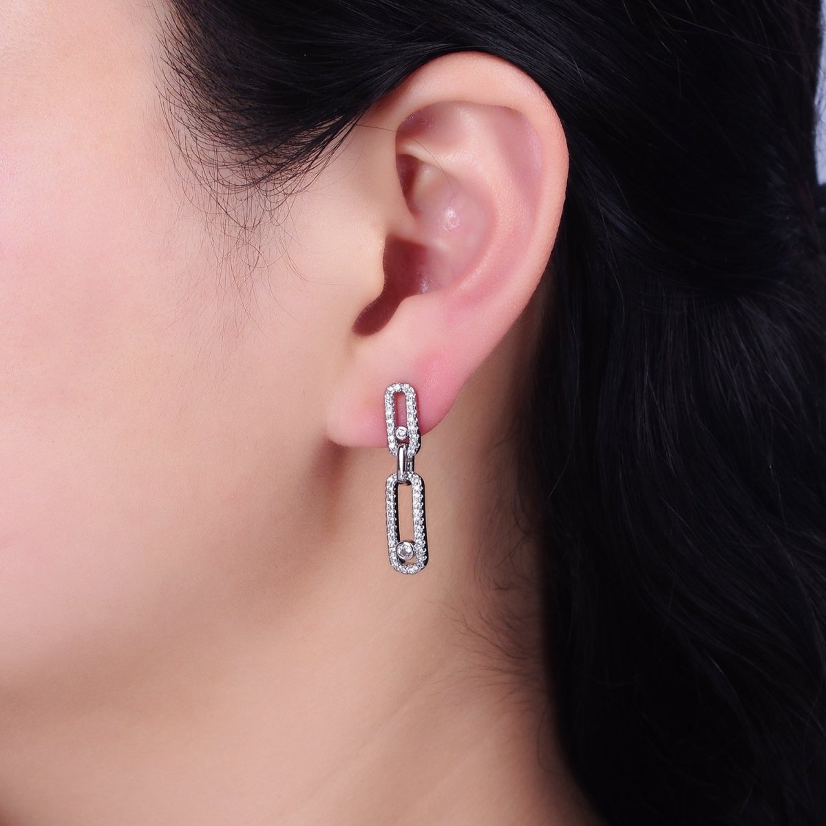 16K Gold Filled Paperclip Triple Link Micro Paved CZ Drop Stud Earring om in Gold & Silver | AD1239 AD1240