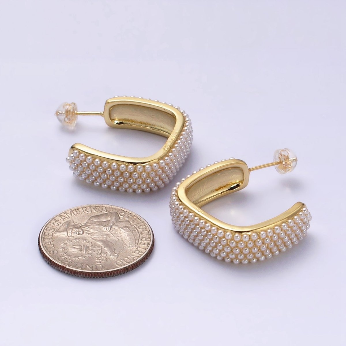 16K Gold Filled Pearl Lined Boxy C-Shaped Hoop Earrings in Gold & Silver | AE049 AE050