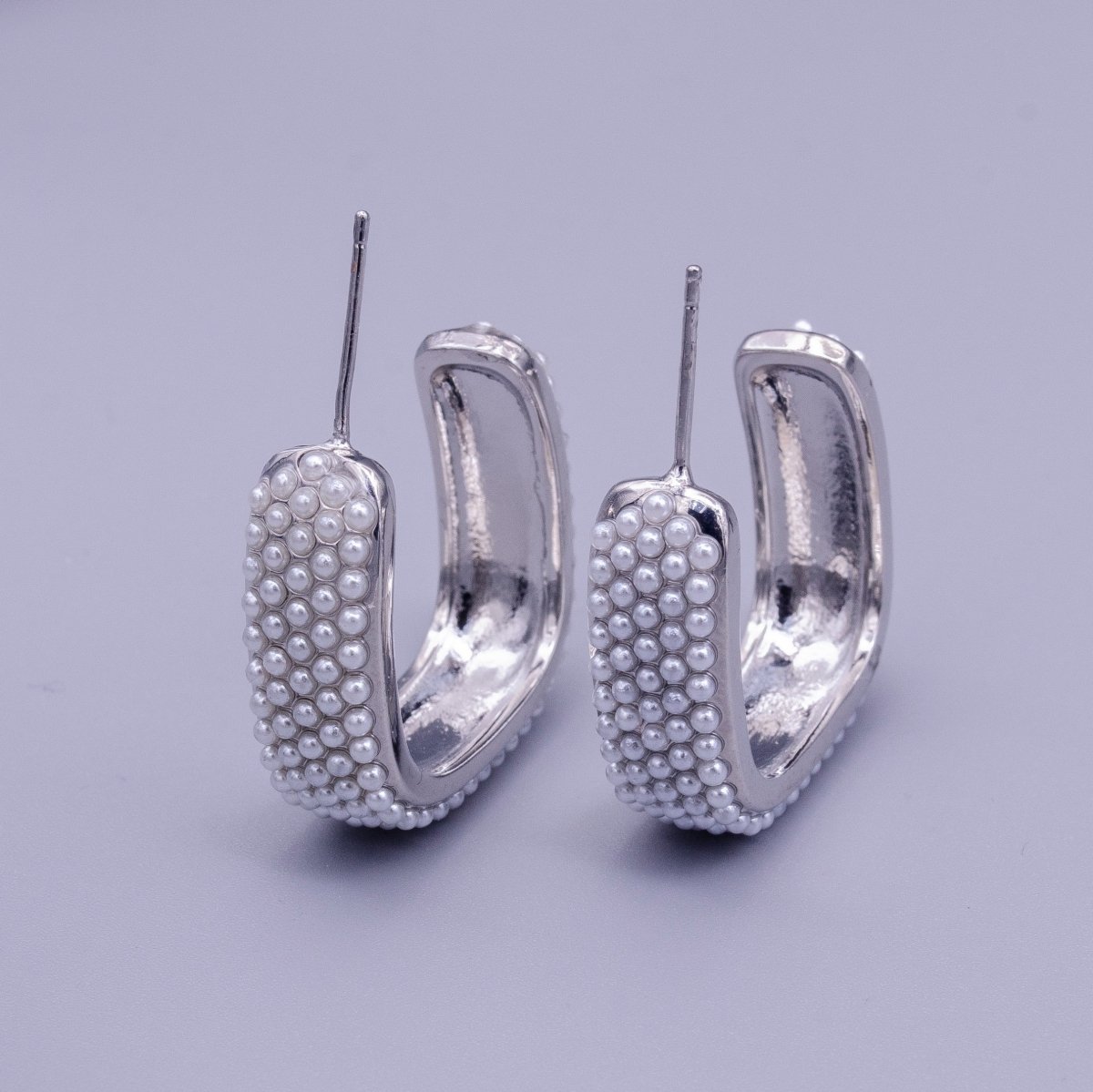 16K Gold Filled Pearl Lined Boxy C-Shaped Hoop Earrings in Gold & Silver | AE049 AE050