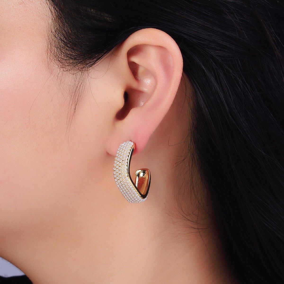 16K Gold Filled Pearl Lined Boxy C-Shaped Hoop Earrings in Gold & Silver | AE049 AE050