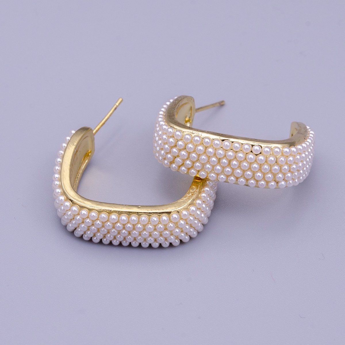 16K Gold Filled Pearl Lined Boxy C-Shaped Hoop Earrings in Gold & Silver | AE049 AE050