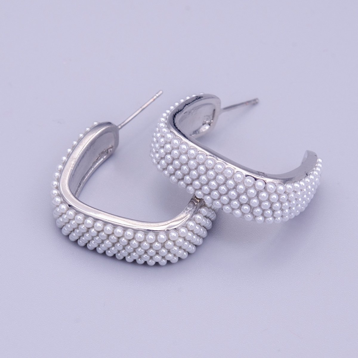 16K Gold Filled Pearl Lined Boxy C-Shaped Hoop Earrings in Gold & Silver | AE049 AE050