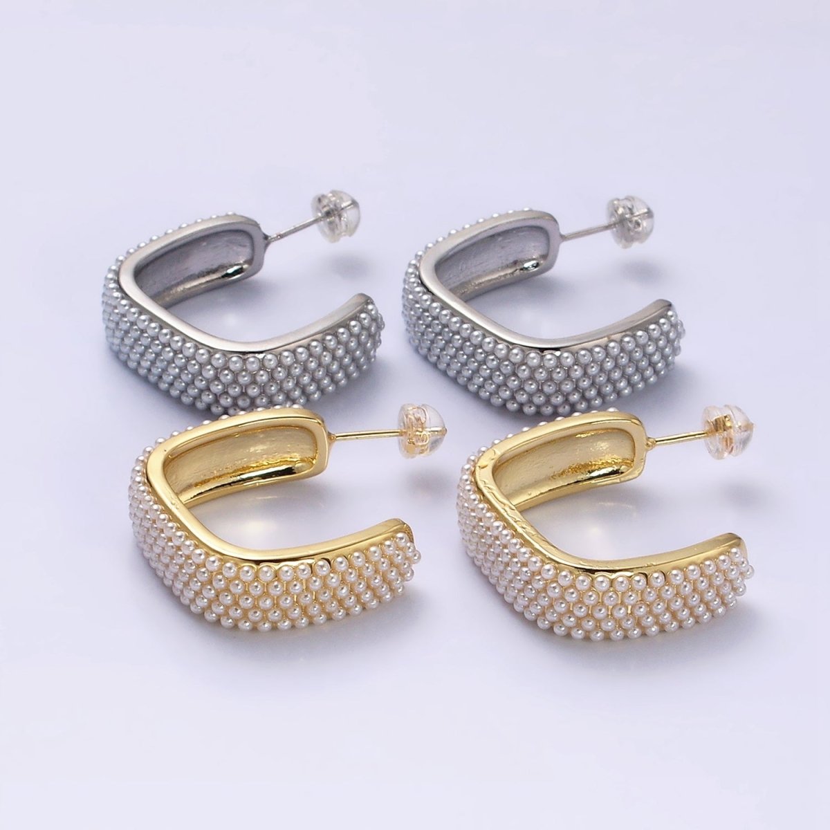 16K Gold Filled Pearl Lined Boxy C-Shaped Hoop Earrings in Gold & Silver | AE049 AE050