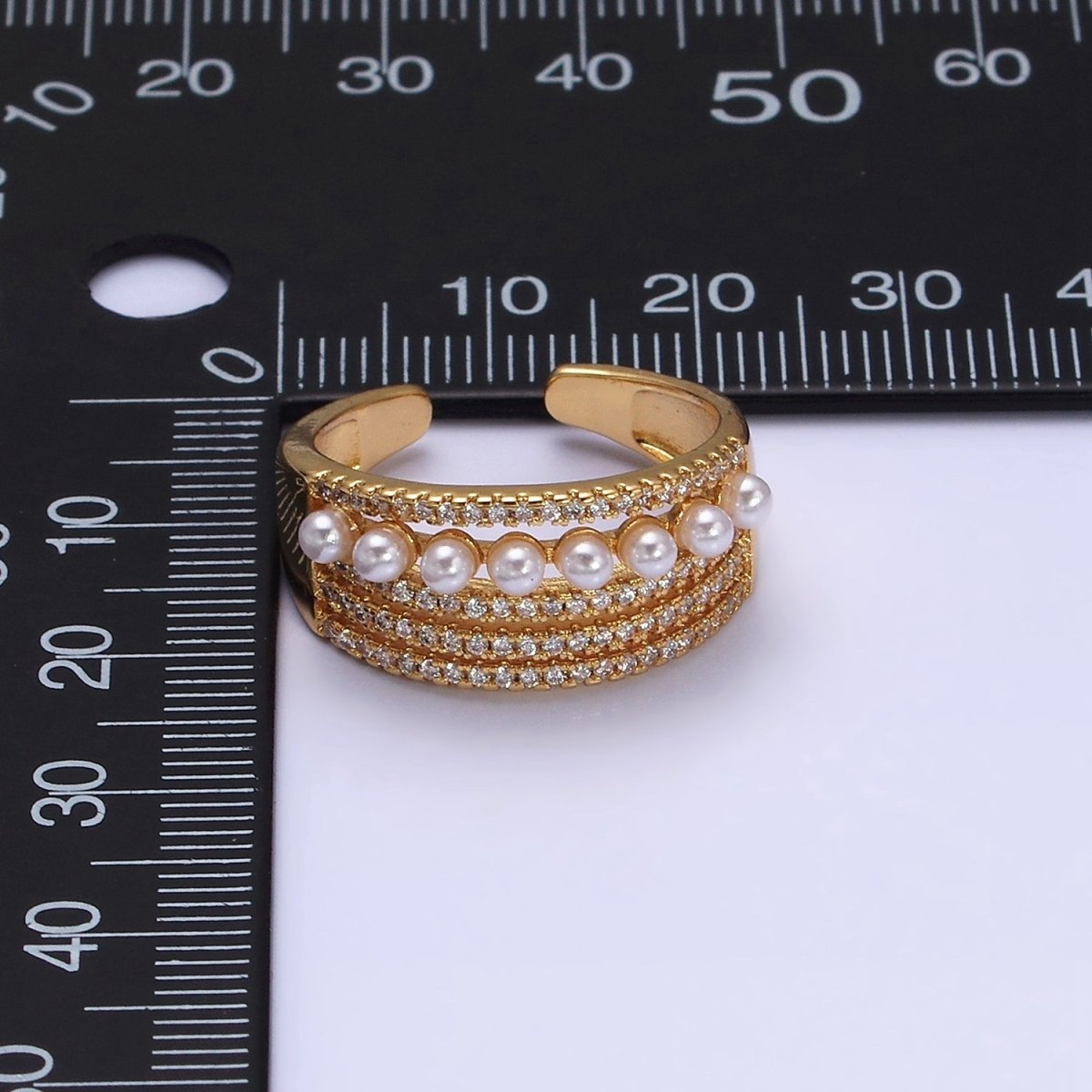 16K Gold Filled Pearl Micro Paved Lined Statement Ring in Gold & Silver | O-1978 O-1979