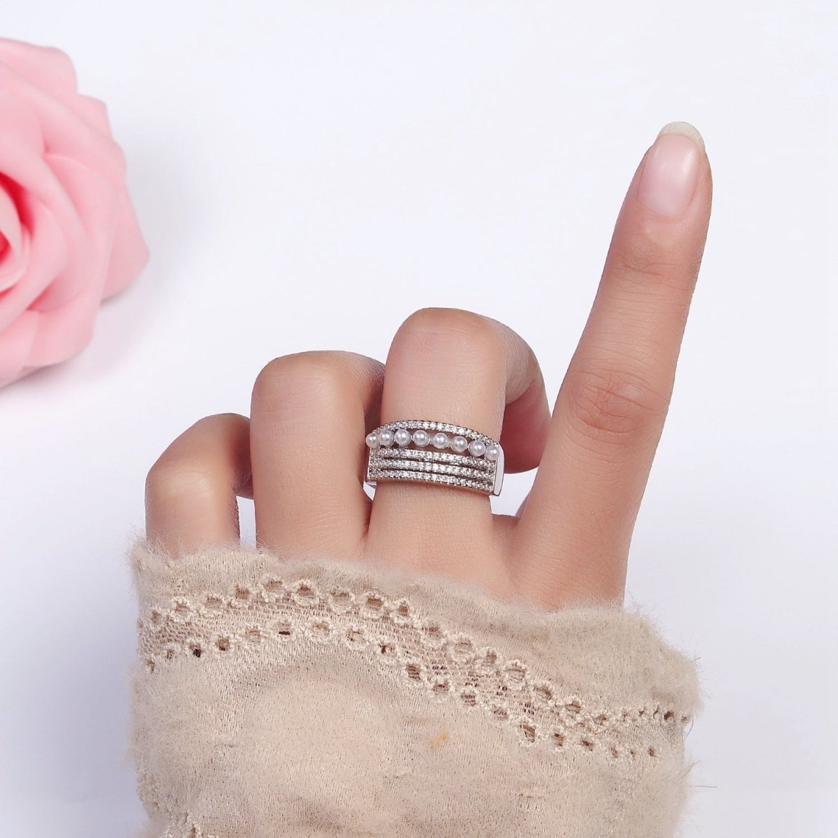 16K Gold Filled Pearl Micro Paved Lined Statement Ring in Gold & Silver | O-1978 O-1979