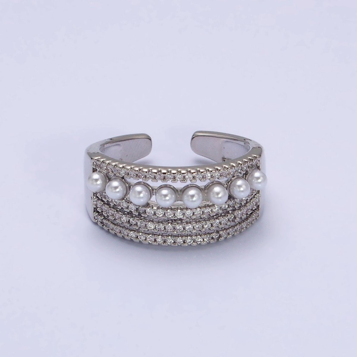 16K Gold Filled Pearl Micro Paved Lined Statement Ring in Gold & Silver | O-1978 O-1979