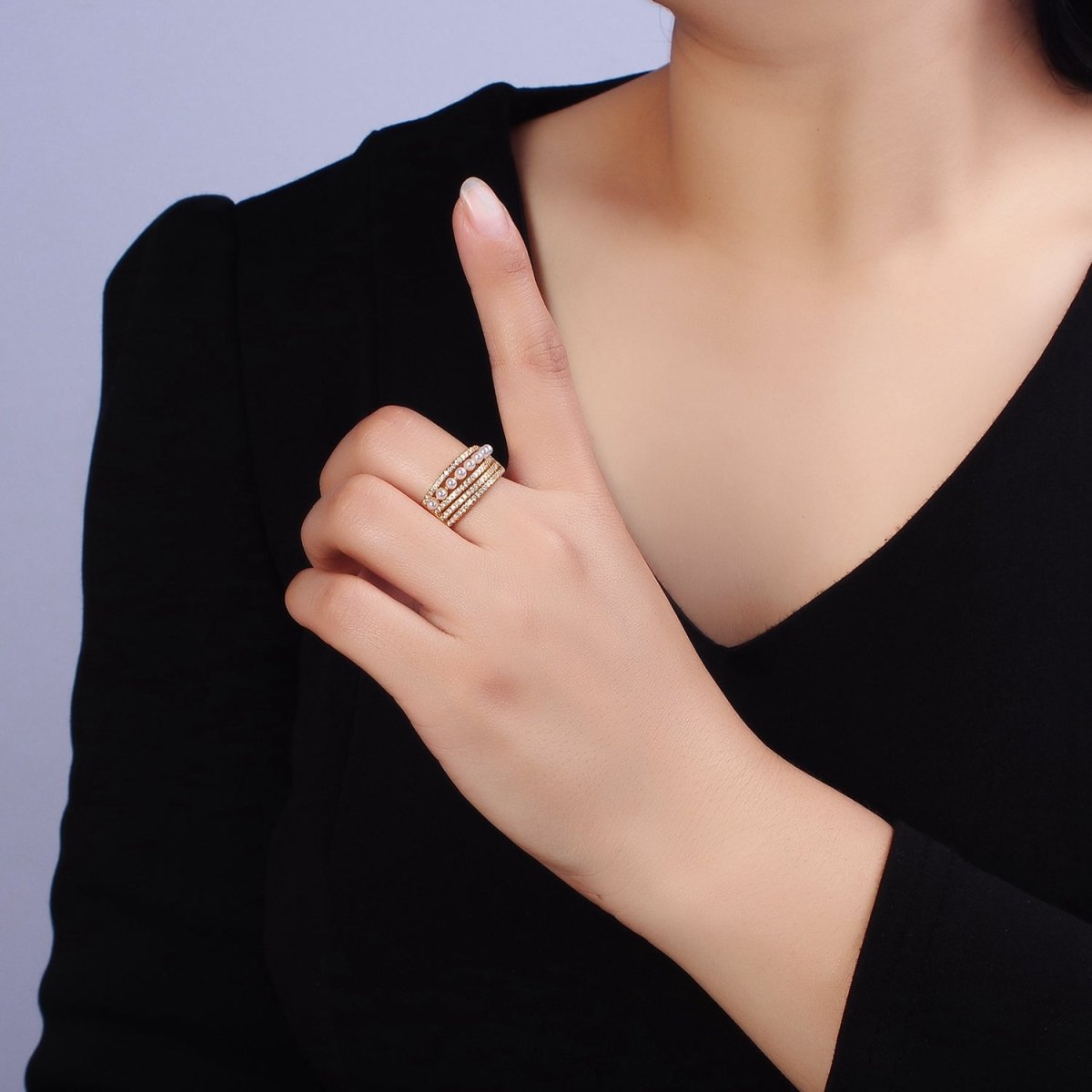 16K Gold Filled Pearl Micro Paved Lined Statement Ring in Gold & Silver | O-1978 O-1979