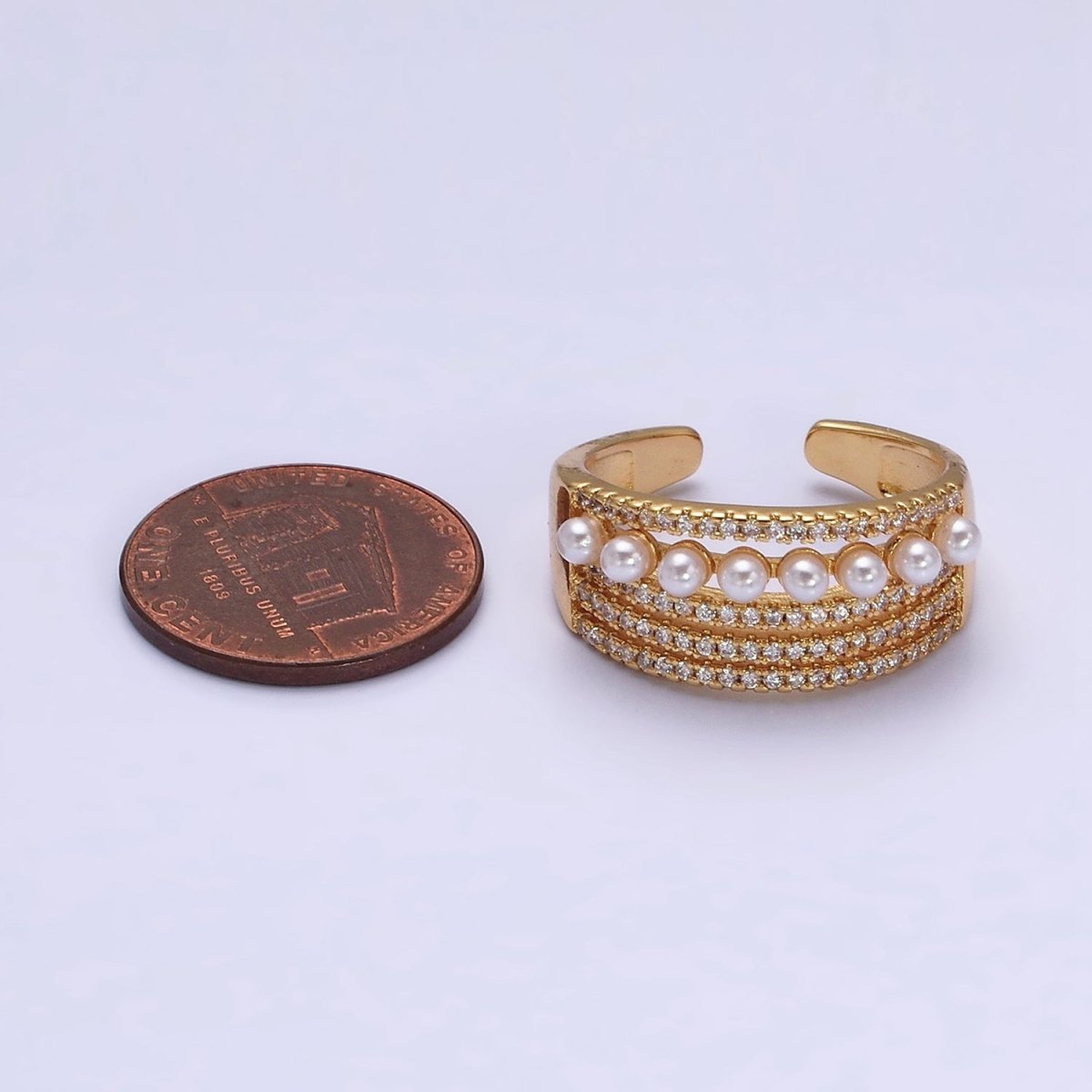 16K Gold Filled Pearl Micro Paved Lined Statement Ring in Gold & Silver | O-1978 O-1979