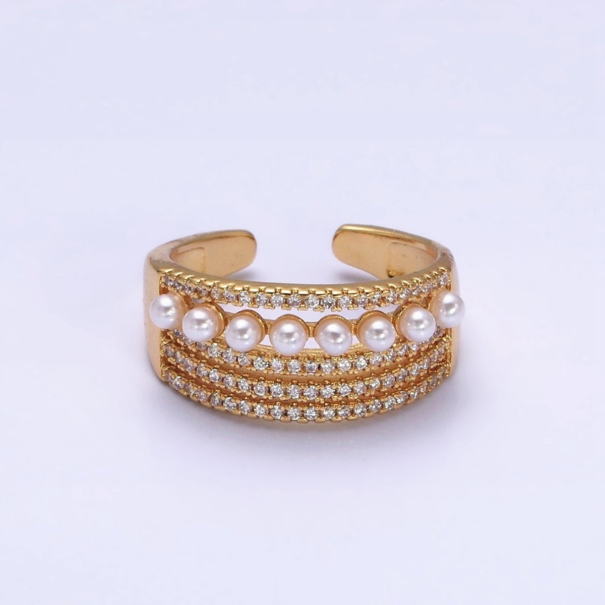 16K Gold Filled Pearl Micro Paved Lined Statement Ring in Gold & Silver | O-1978 O-1979