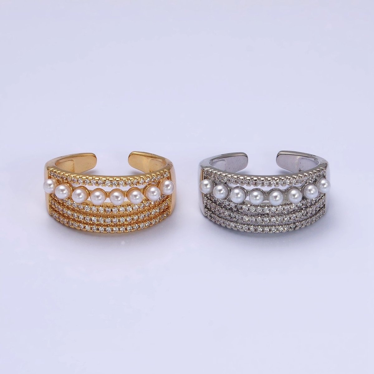 16K Gold Filled Pearl Micro Paved Lined Statement Ring in Gold & Silver | O-1978 O-1979