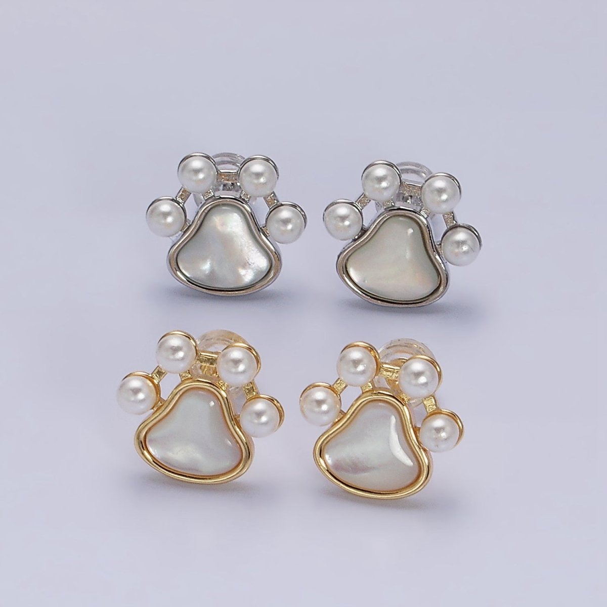 16K Gold Filled Pet Pawprint Animal Shell Pearl Stud Earrings in Gold & Silver | AD952 AD953